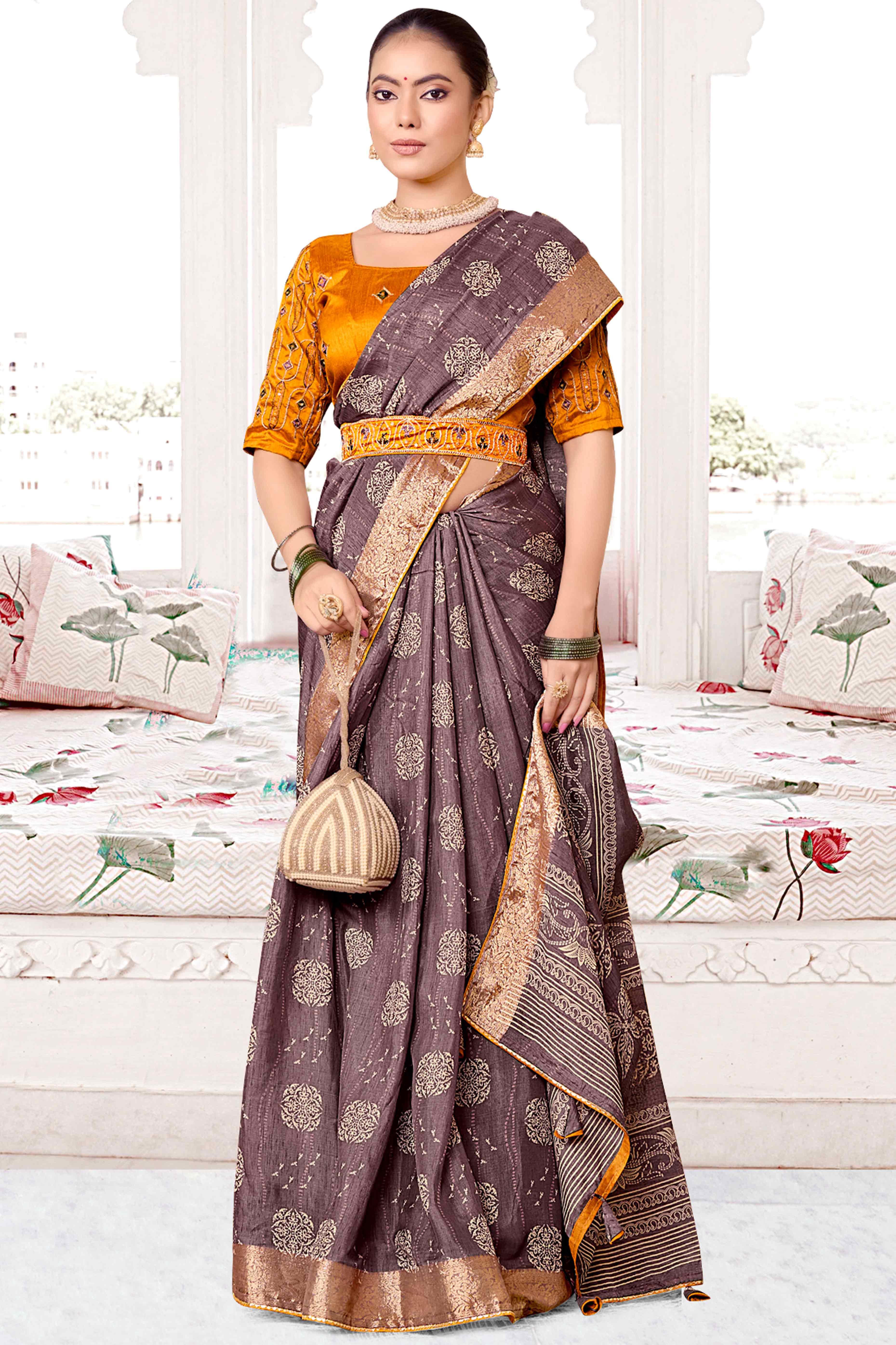 Peachmode Light Mauve Floral Printed Muslin Saree With Woven Border