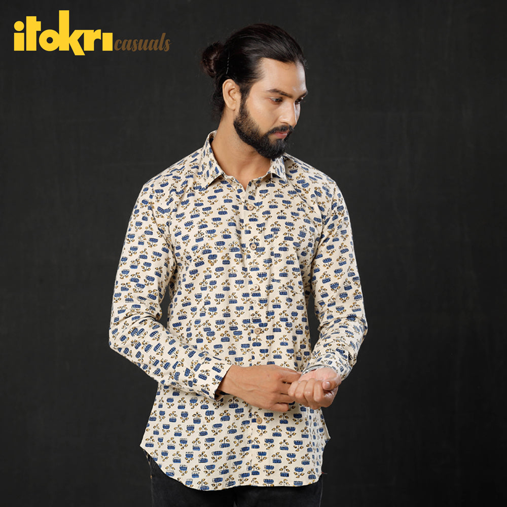 ITOKRI CASUALS Beige - Lotus Ajrakh Block Printed Cotton Men Full Sleeve Shirt