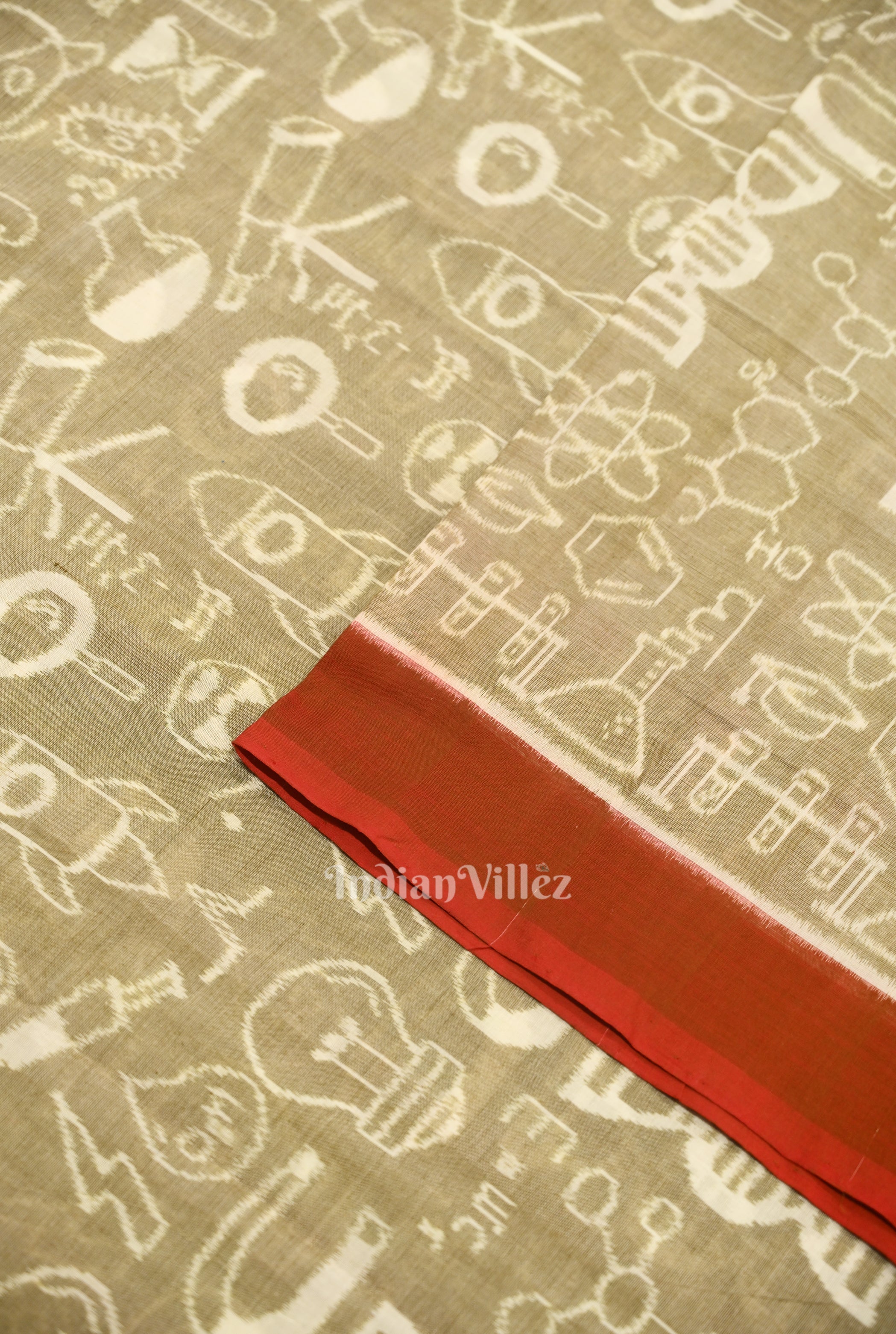 IndianVillèz Light Beige Sceince Theme Sambalpuri Odisha Ikat Cotton Fabric - view 2