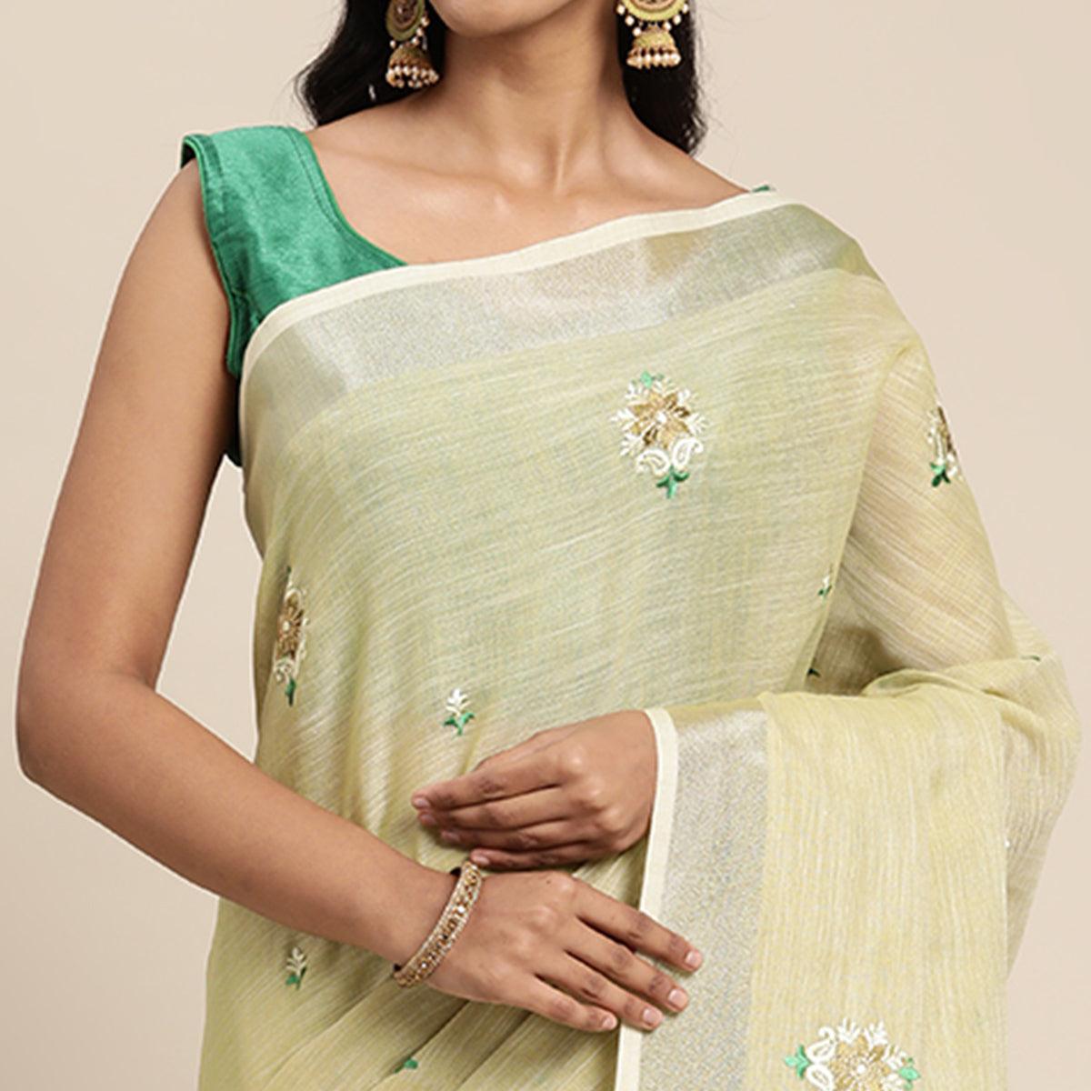 Peachmode Light Yellow Embroidered Linen Saree With Tassels - view 2