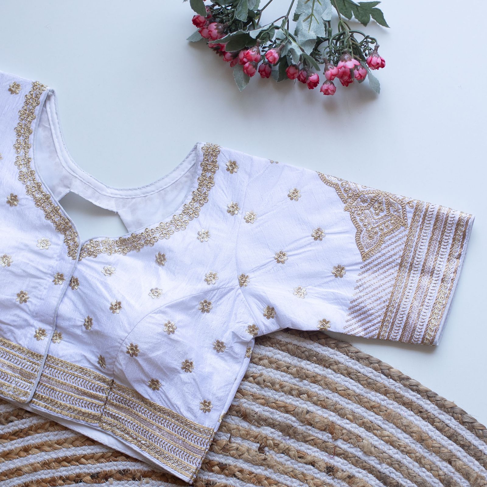 ClothsVilla White Golden Embroidered Blouse with Sequins – Caterpillar Silk Elegance