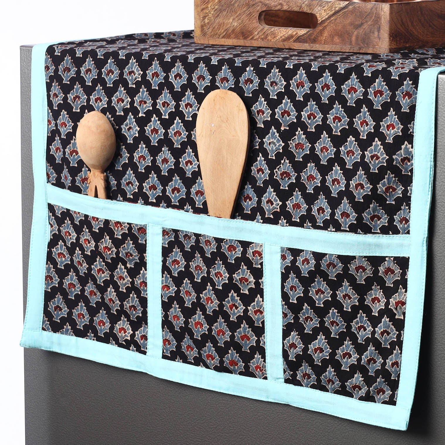 JALPARI Black - Ajrakh Block Printed Cotton Fridge Top Cover with Multiple Pockets - view 2