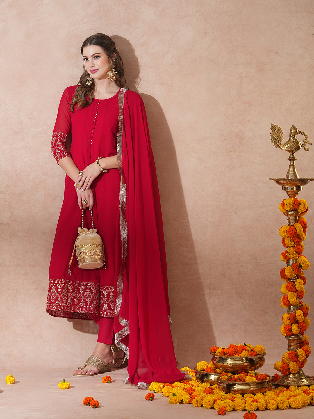 FASHOR Solid Ethnic Zari Embroidered Anarkali Flared Kurta with Pant & Dupatta - Red