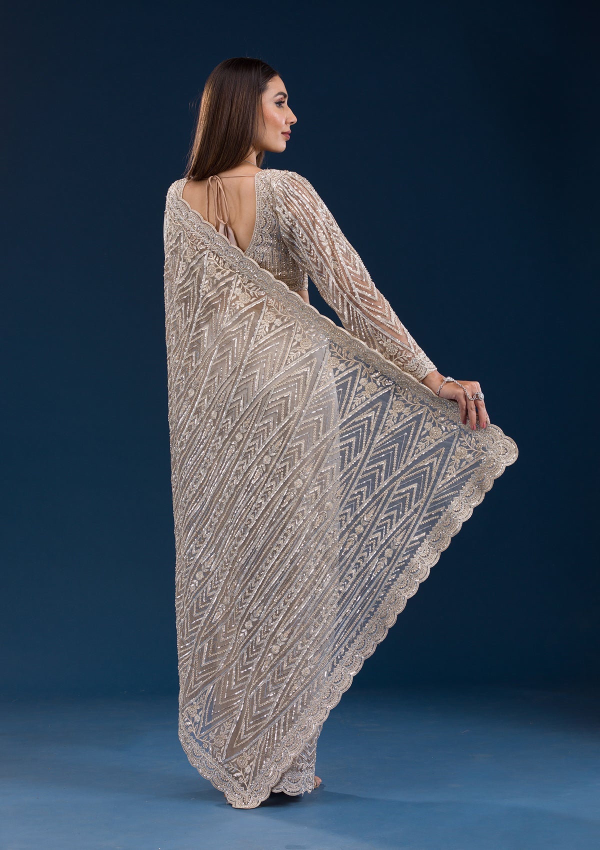 Koskii Beige Sequins Net Saree – Women's - view 2