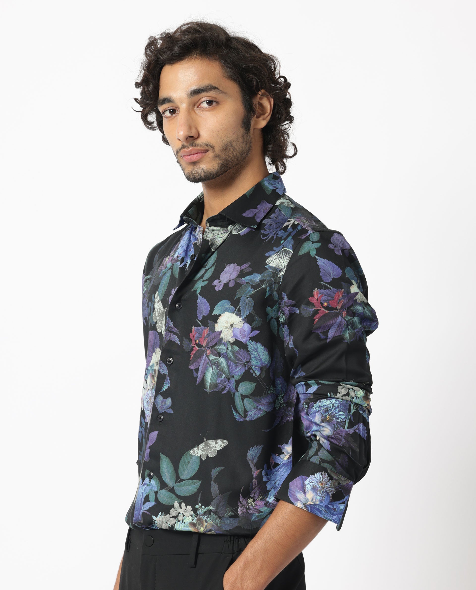 Rare Rabbit Men's Ease Black Cotton Modal Fabric Floral Print Full Sleeves Shirt - view 7