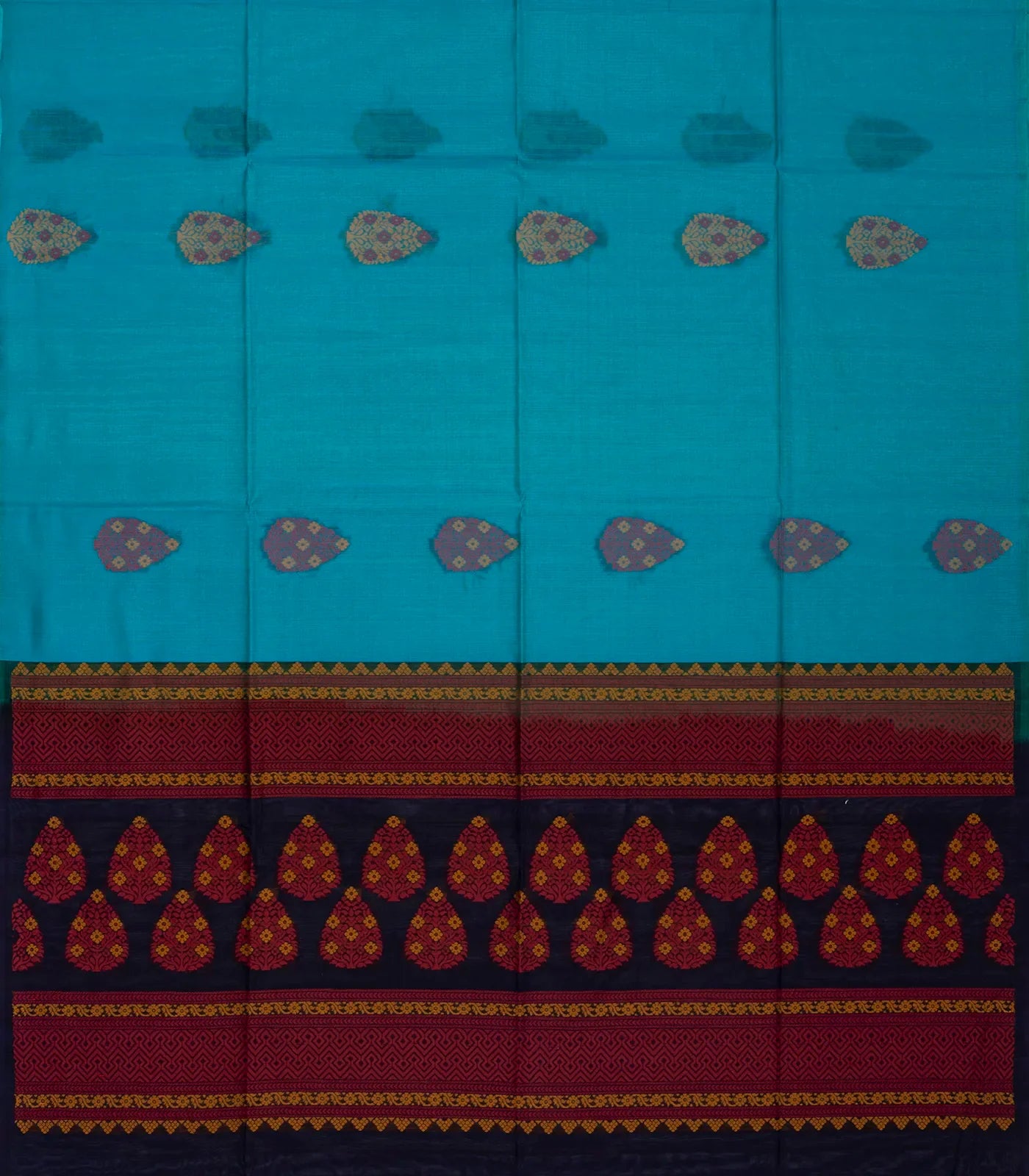 RmKV Cyan Handloom Kora Silk Cotton Saree With Buttas & Black Pallu - view 2