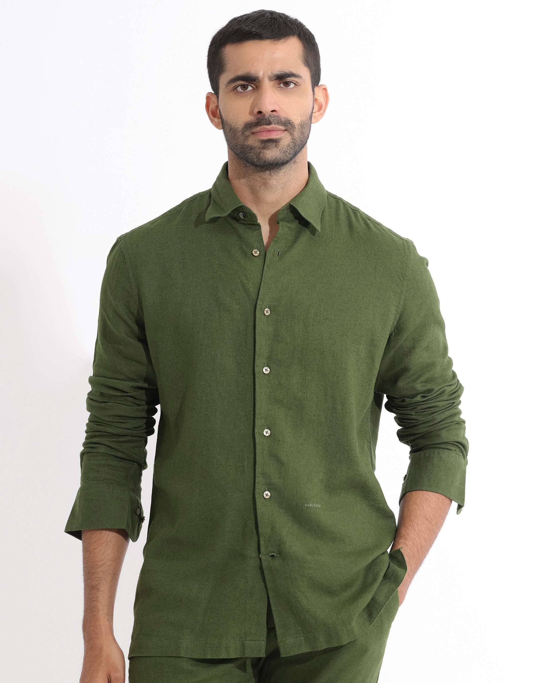 Rare Rabbit Men's Lunet Olive Linen Full Sleeves Solid Shirt - view 2