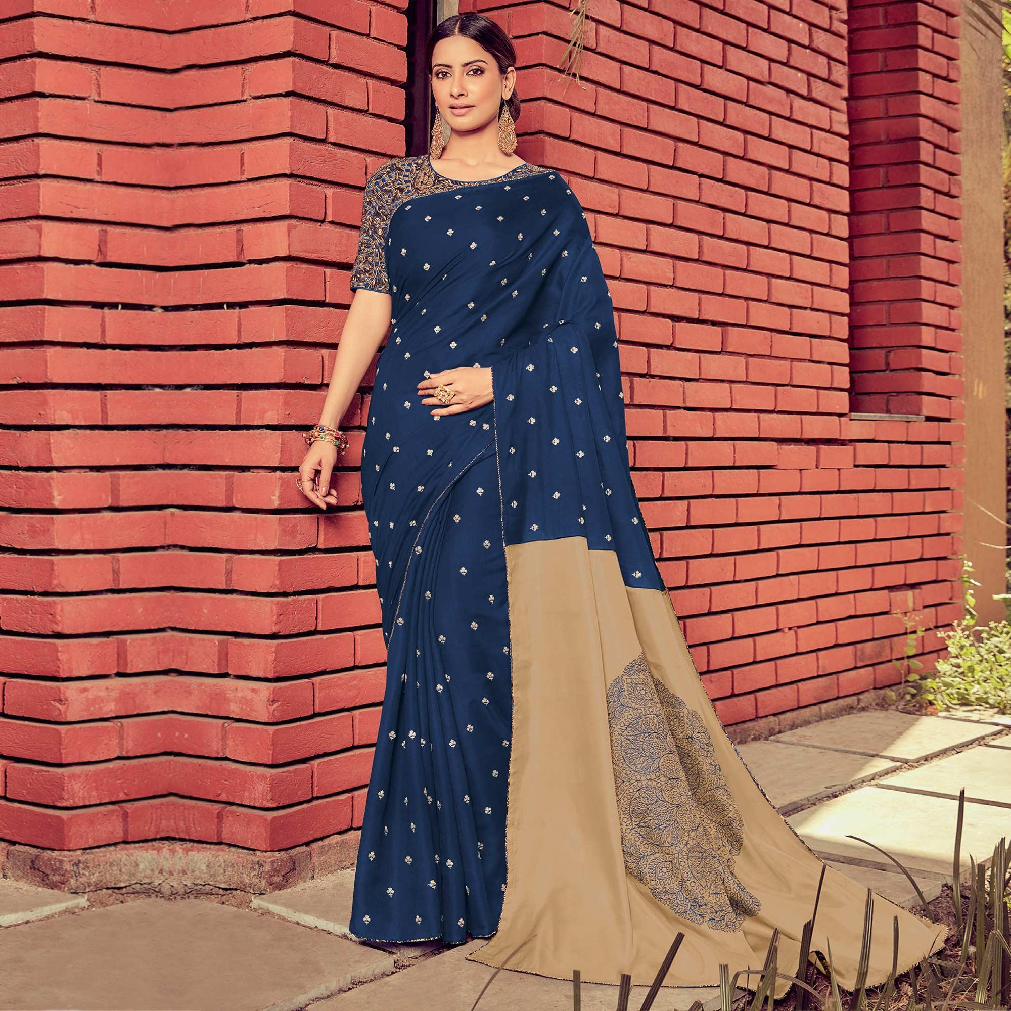 Peachmode Dark Blue Festive Wear Solid Tussar Silk Saree With Border