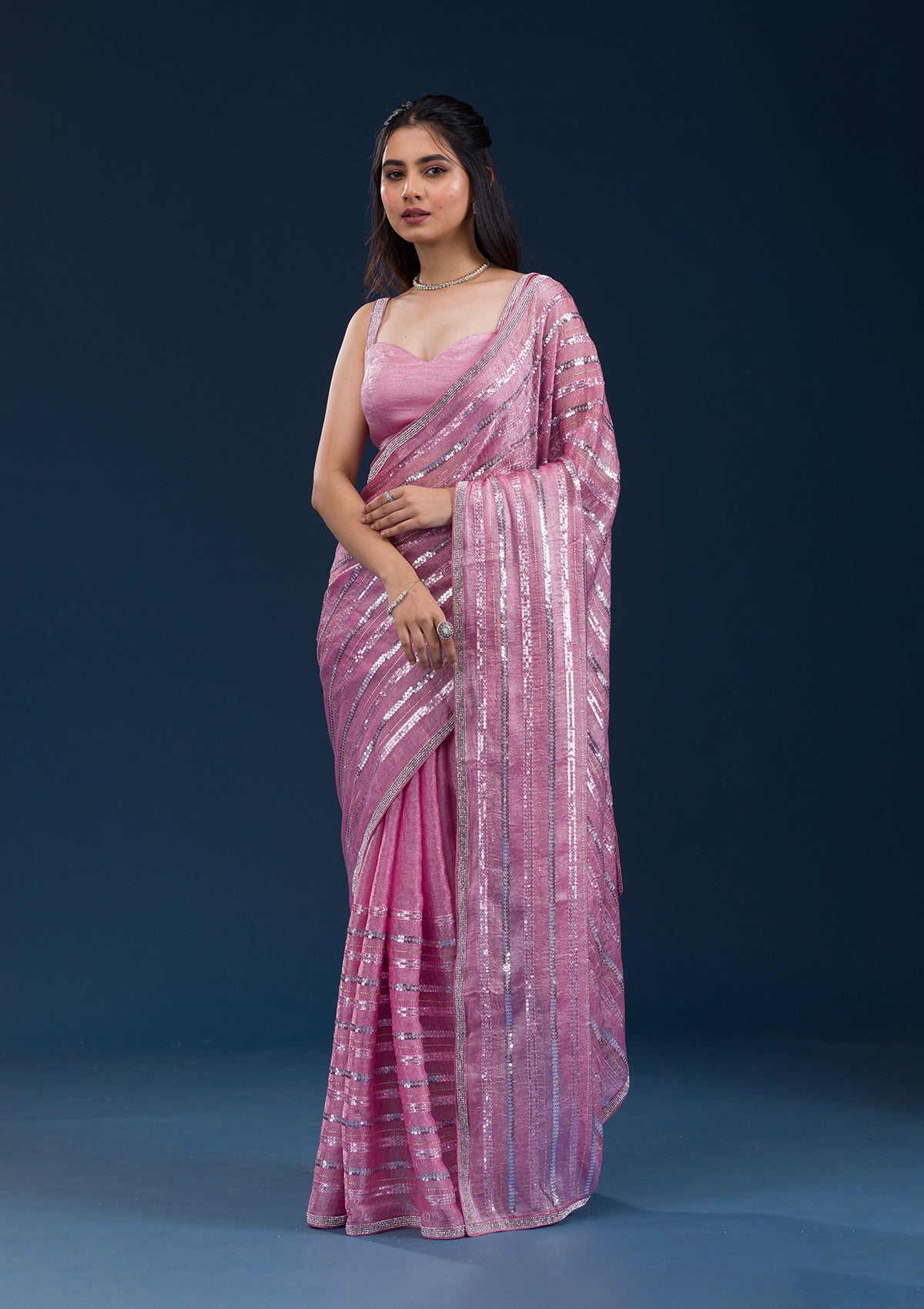 Koskii Onion Pink Sequins Semi Crepe Saree – Women's