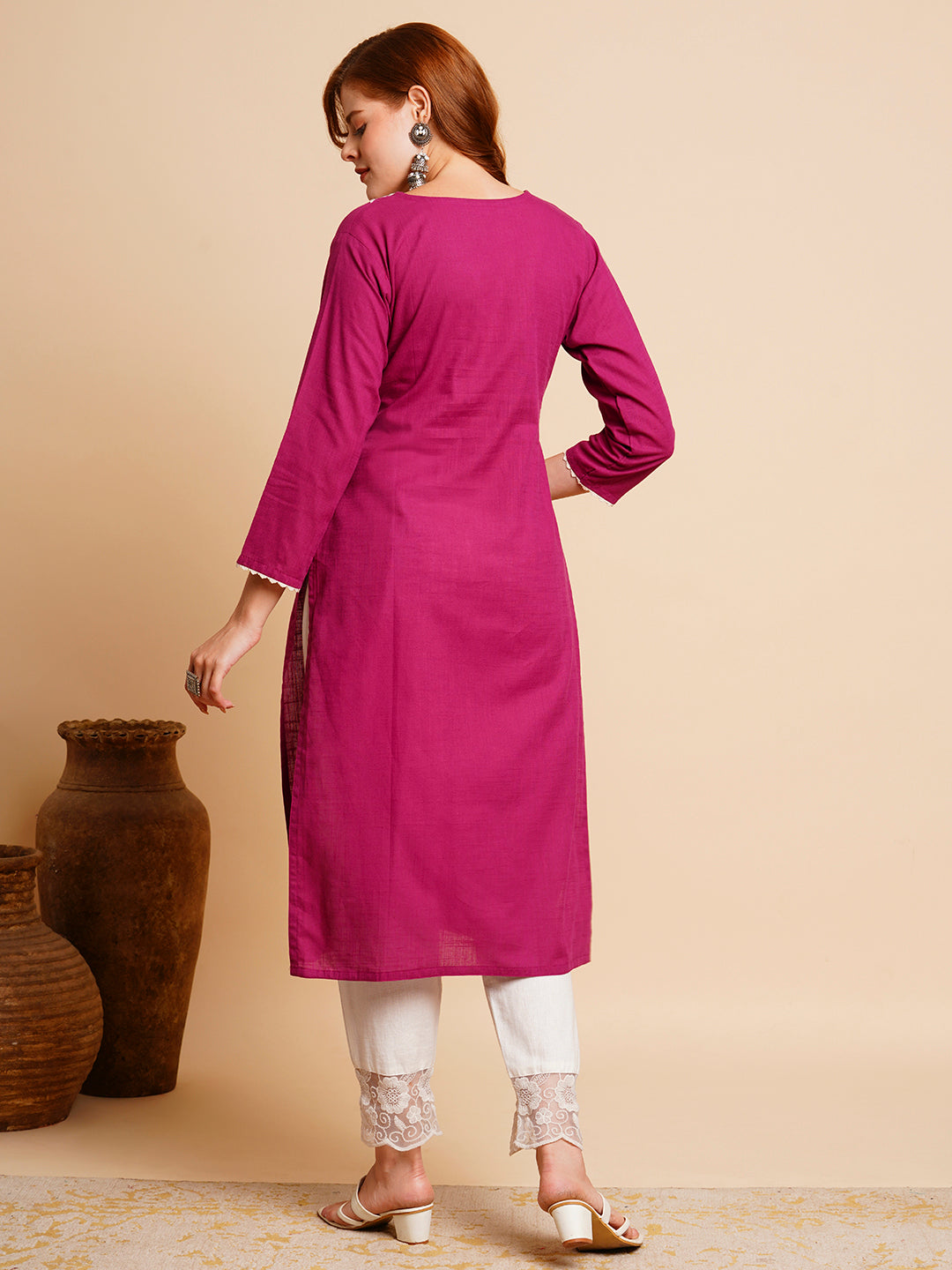 FASHOR Solid Chikankari Embroidered Straight Fit Kurta - Purple - view 6
