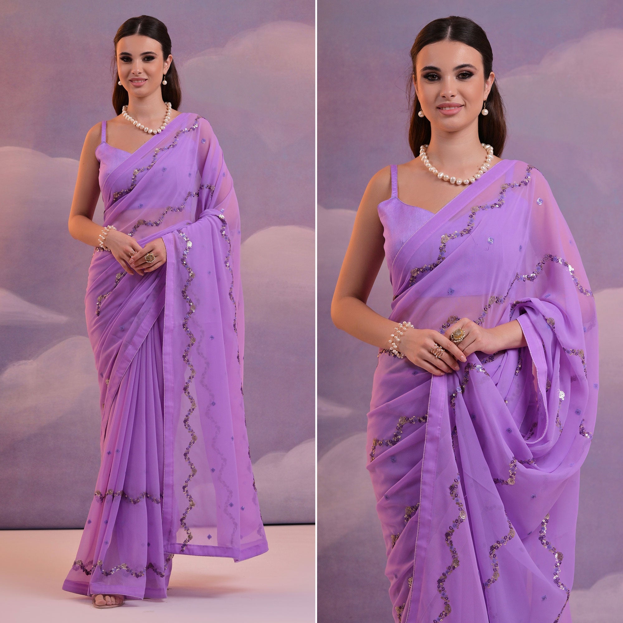 Peachmode Lavender Sequins Embroidered Georgette Saree