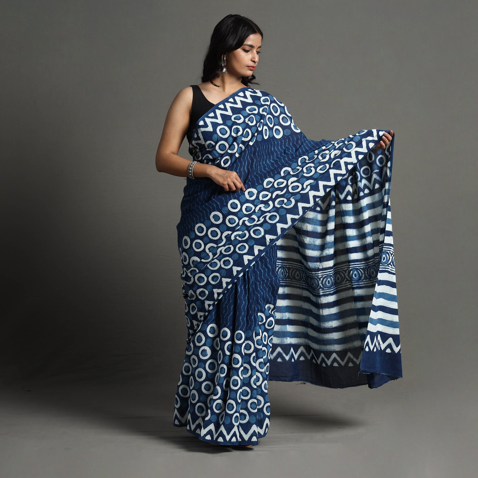 ARTISAN HAND BLOCK PRINTS Blue - Bagru Dabu Block Printed Mul Cotton Saree - view 2