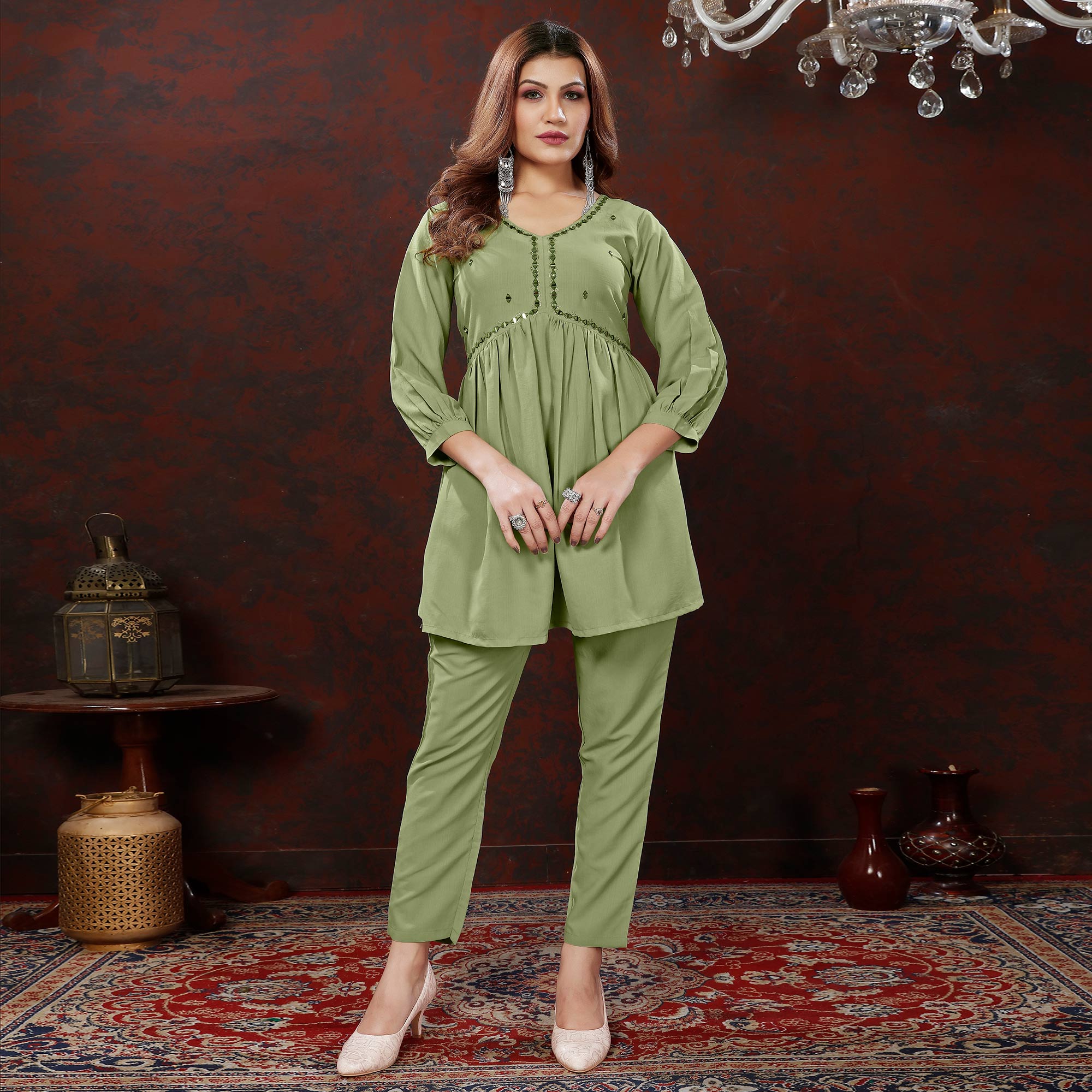 BlackTree green-embroidered-cotton-blend-co-ord-set - view 2