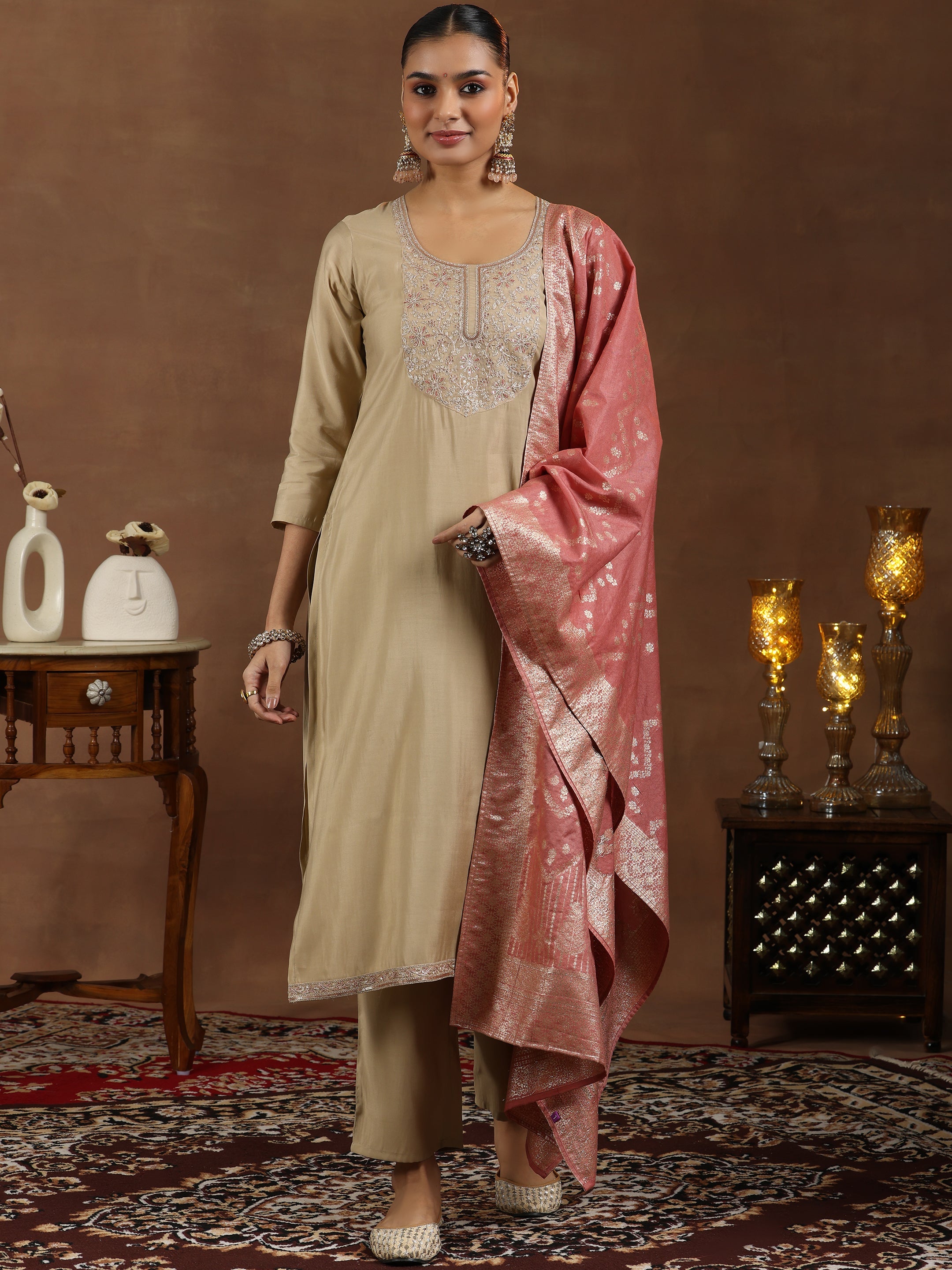 Gerua By Libas Beige Yoke Design Silk Blend Straight Suit With Dupatta - view 2