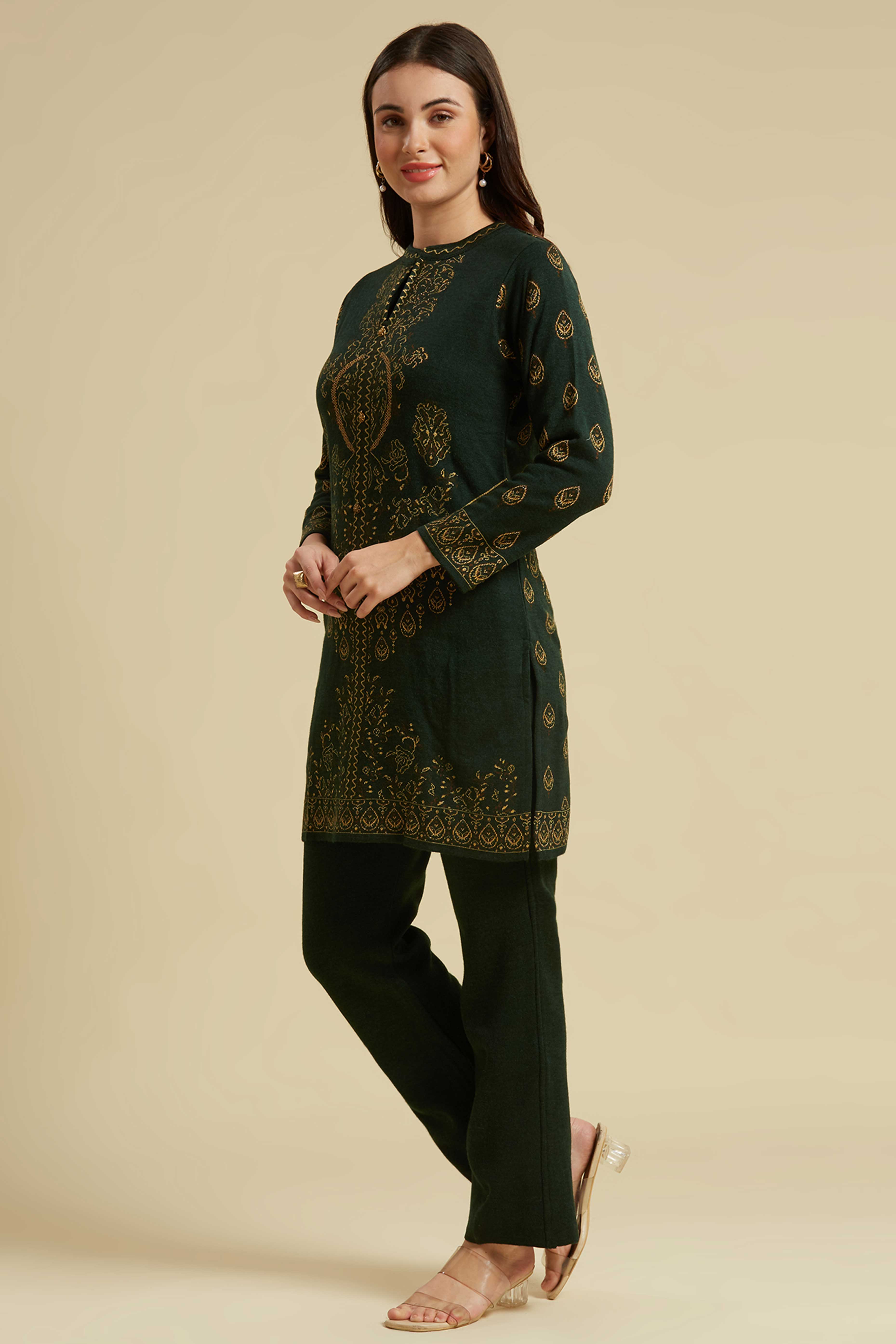 Peachmode Bottle Green Woven Woolen Straight Top Bottom Set - view 5