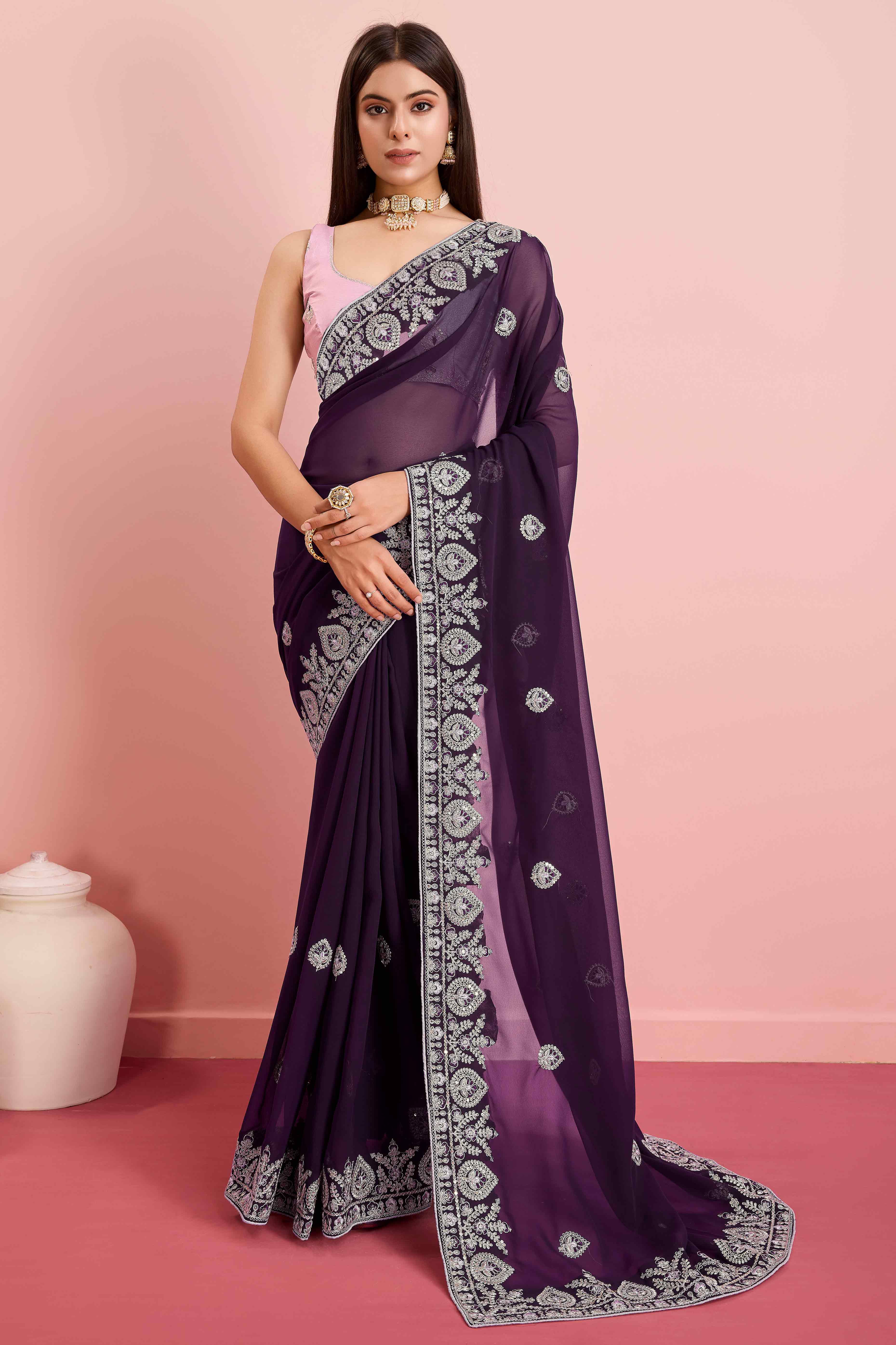 Peachmode Dark Purple Floral Sequins Embroidered Georgette Saree - view 3