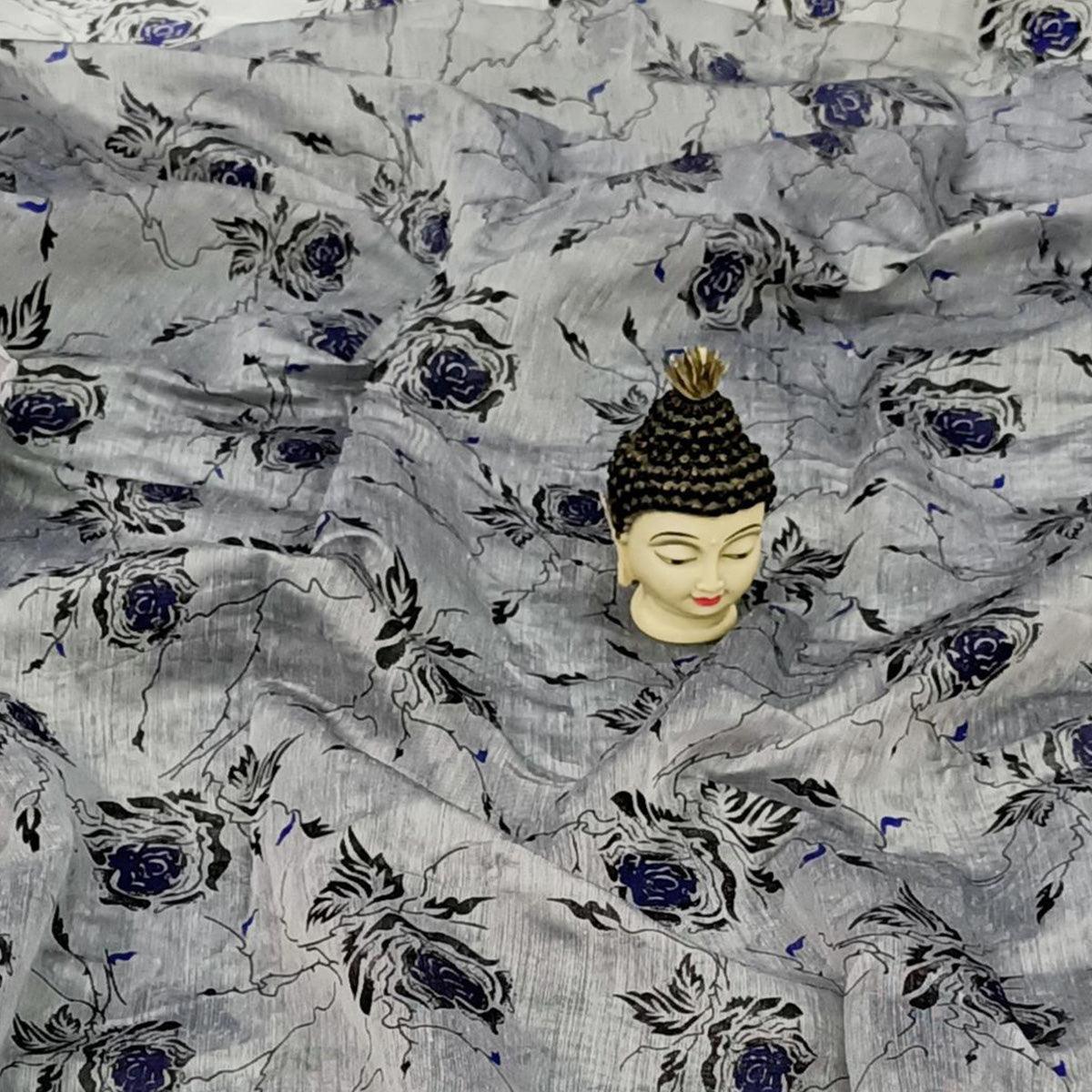 Peachmode Exclusive Grey Colored Casual Wear Floral Block Printed Cotton Linen Saree - view 2