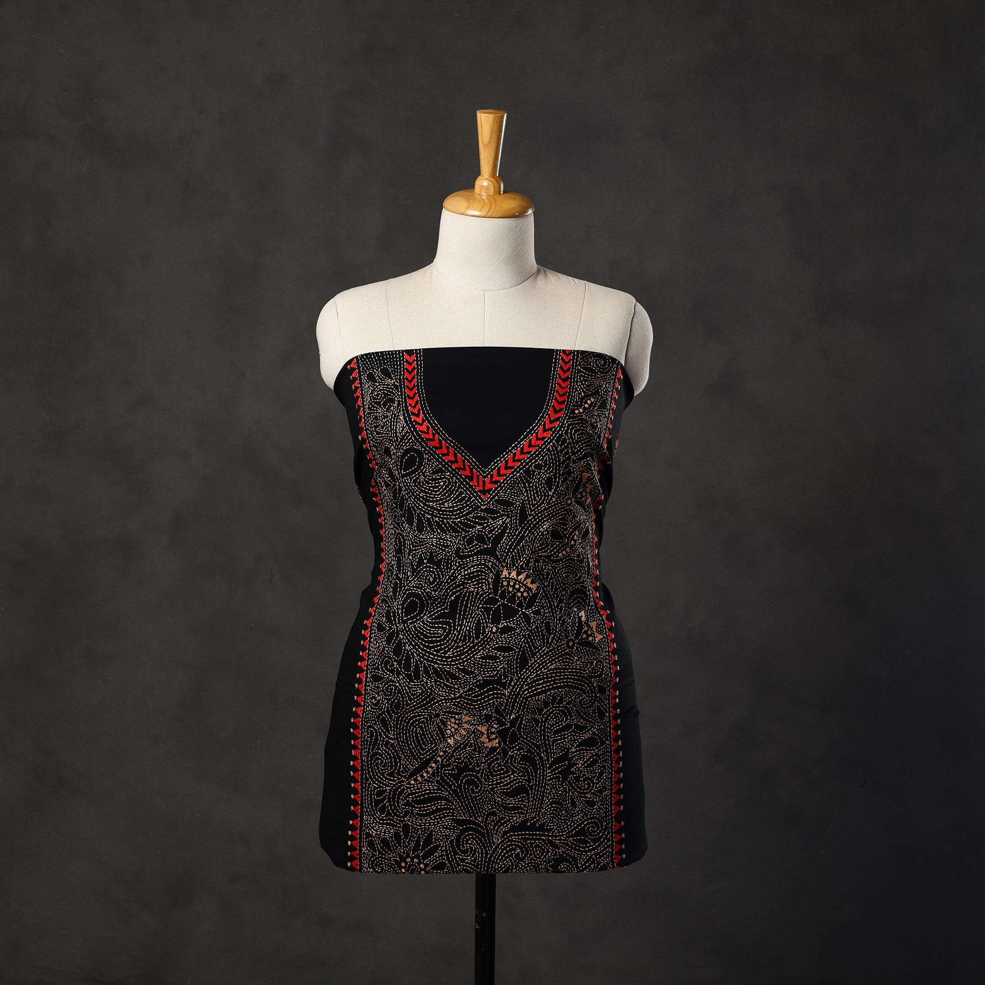 KHUSHBASH - HAPPY LOOM OF EAST Black - Bengal Kantha Embroidery Cotton Kurta Material - (2.8m) 17