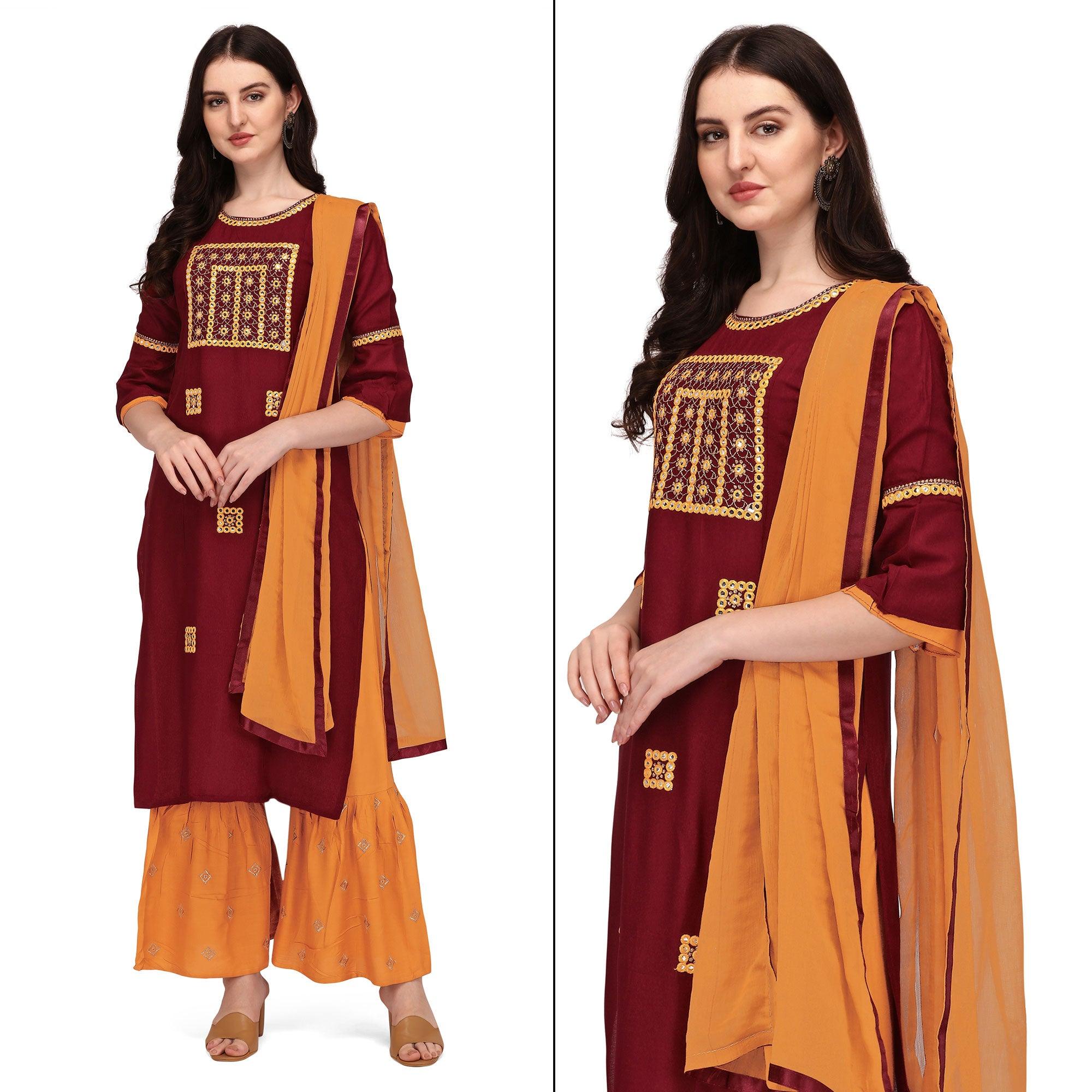 Peachmode Seller Maroon Embroidered Rayon Palazzo Suit