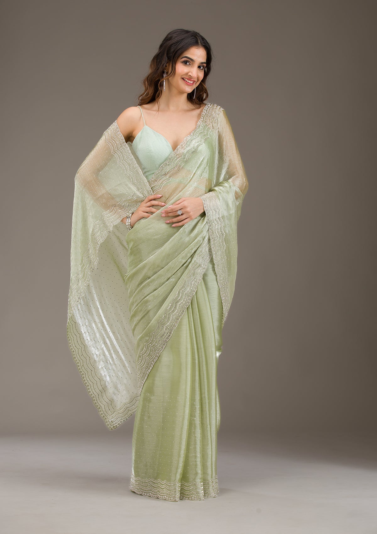 Koskii Green Stonework Chiffon Saree – Women's