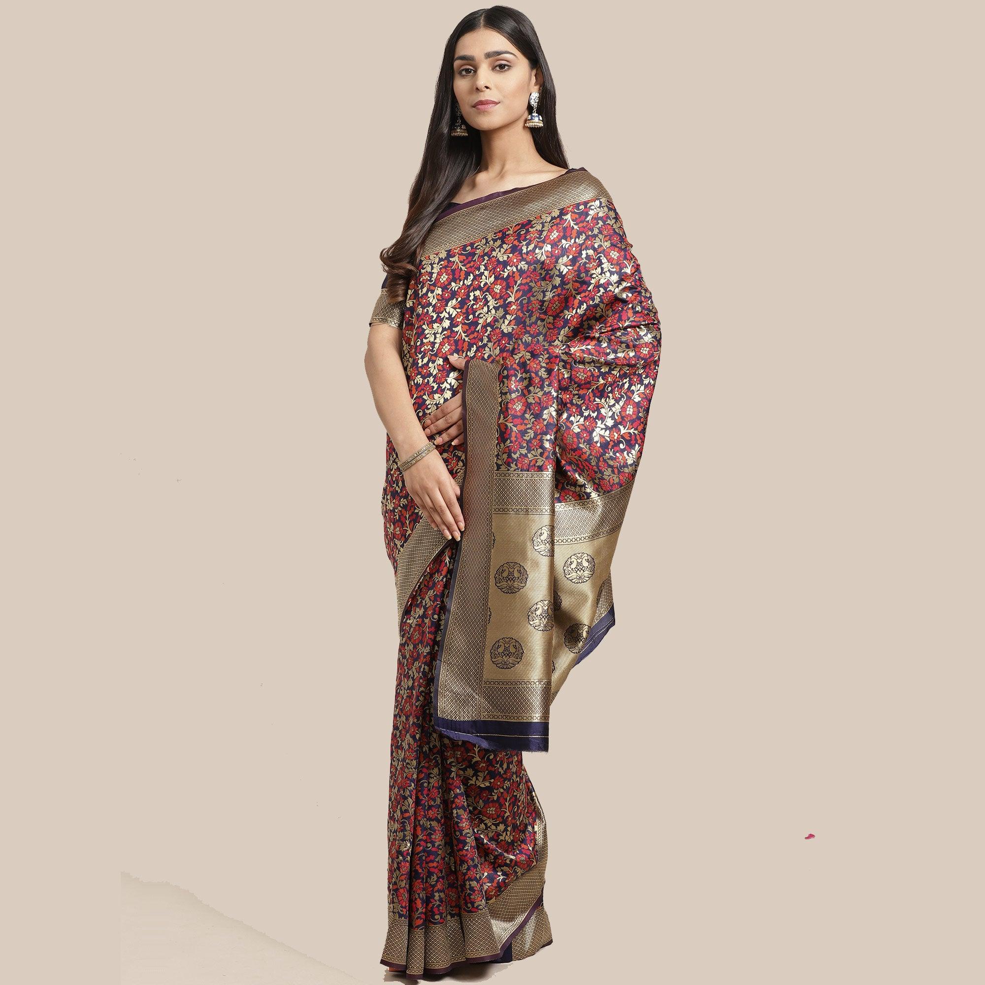 Peachmode Innovative Navy Blue Colored Festive Wear Woven Silk Blend Saree