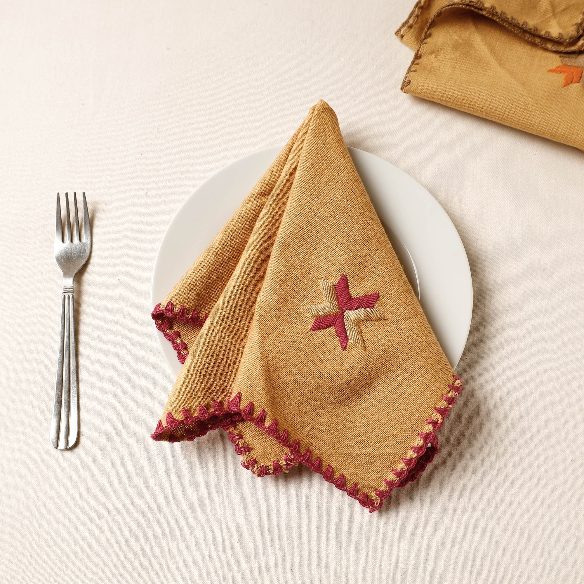 PATIALA HANDICRAFTS Brown - Phulkari Embroidery Reversible Plain Handloom Cotton Napkin (14 x 14 in)