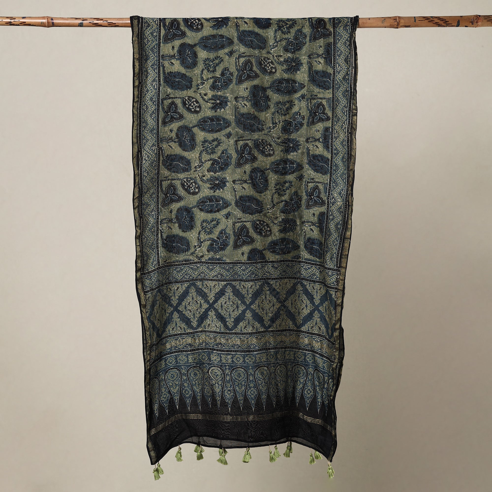 AJRAKH BY SUFIYAN ISMAIL KHATRI Blue - Ajrakh Hand Block Printed Chanderi Silk Handloom Stole with Tassels - view 2