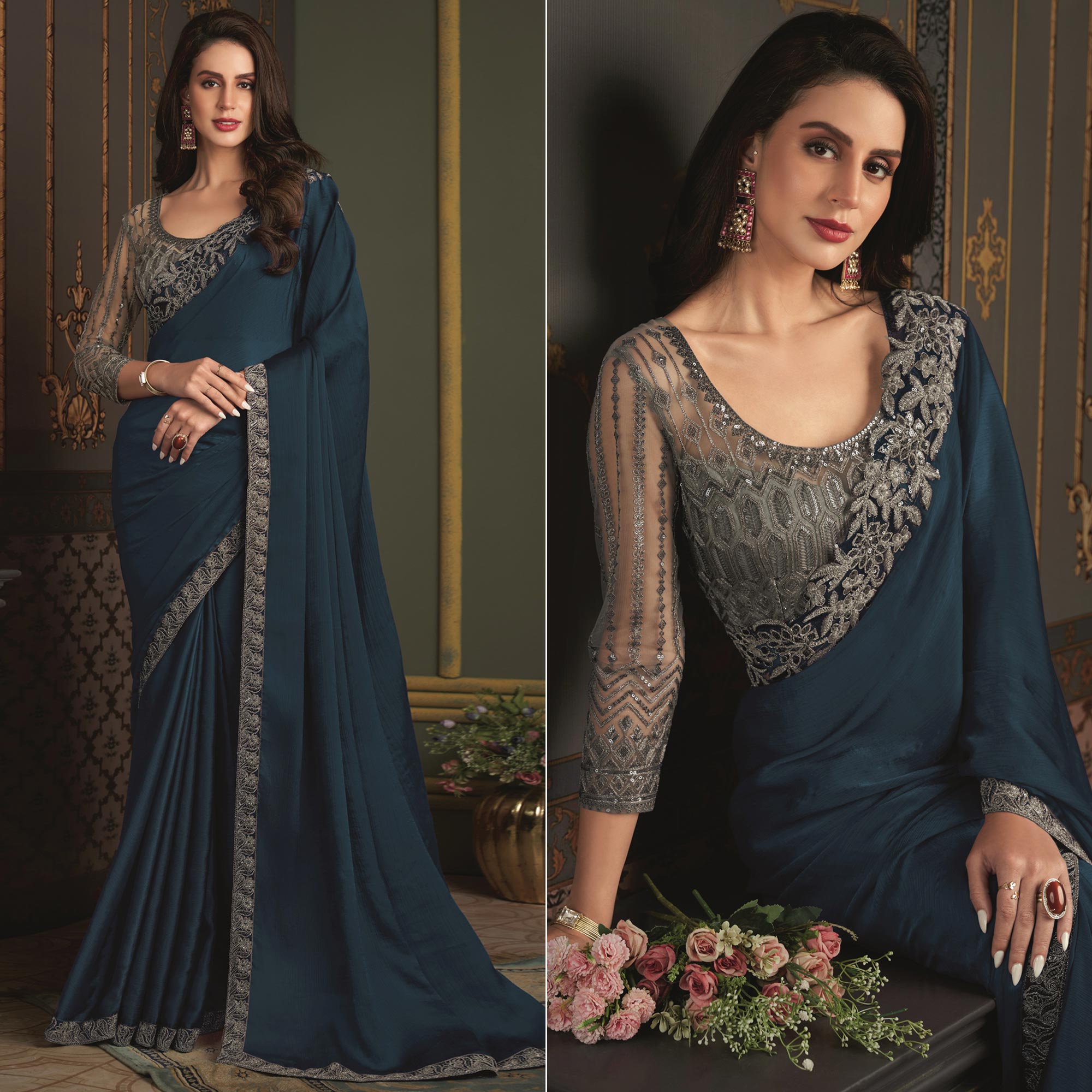 Peachmode Dark Teal Embroidered Designer Satin Saree