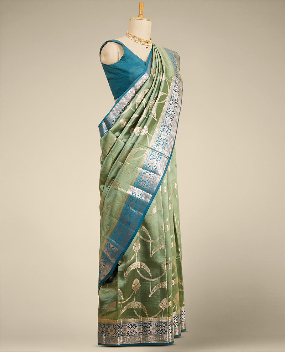 Pothys Green floral vine zari design dupion with contrast inricate zari design border - view 2