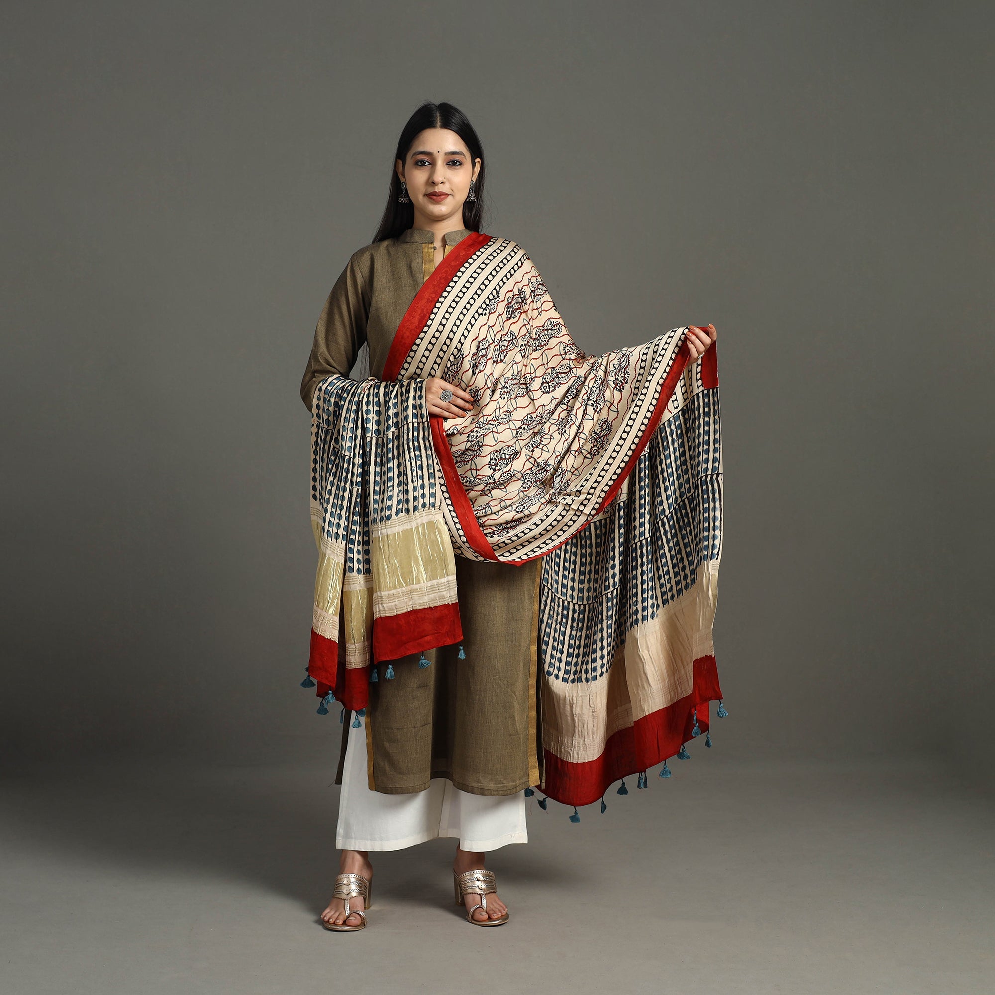 RIYAZ ABDULMAJID KHATRI - AJRAKH Beige - Hand Block Print Modal Silk Lagdi Patta Ajrakh Dupatta 44