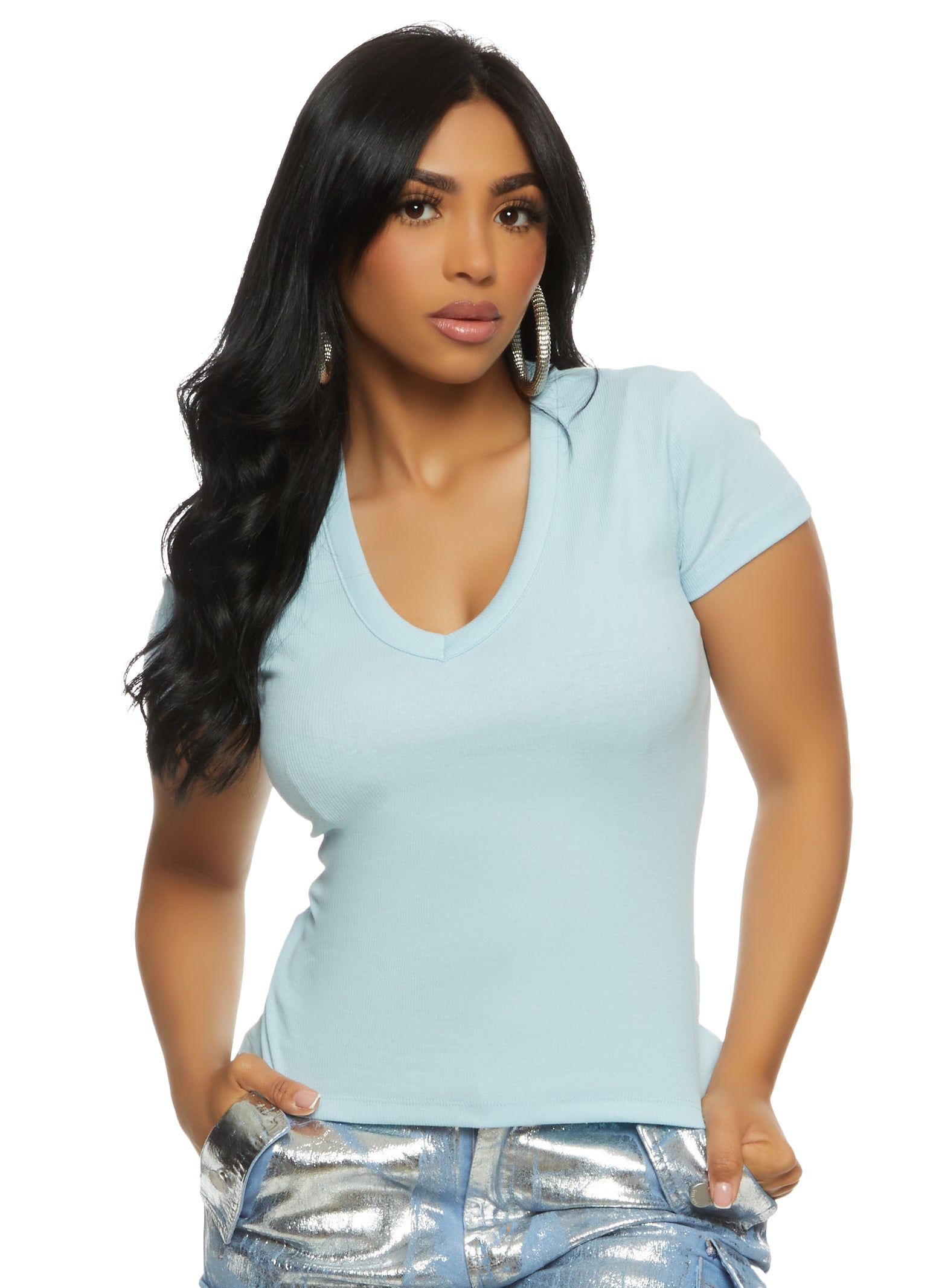 Rainbow Shops Basic Ribbed V Neck Short Sleeve Tee