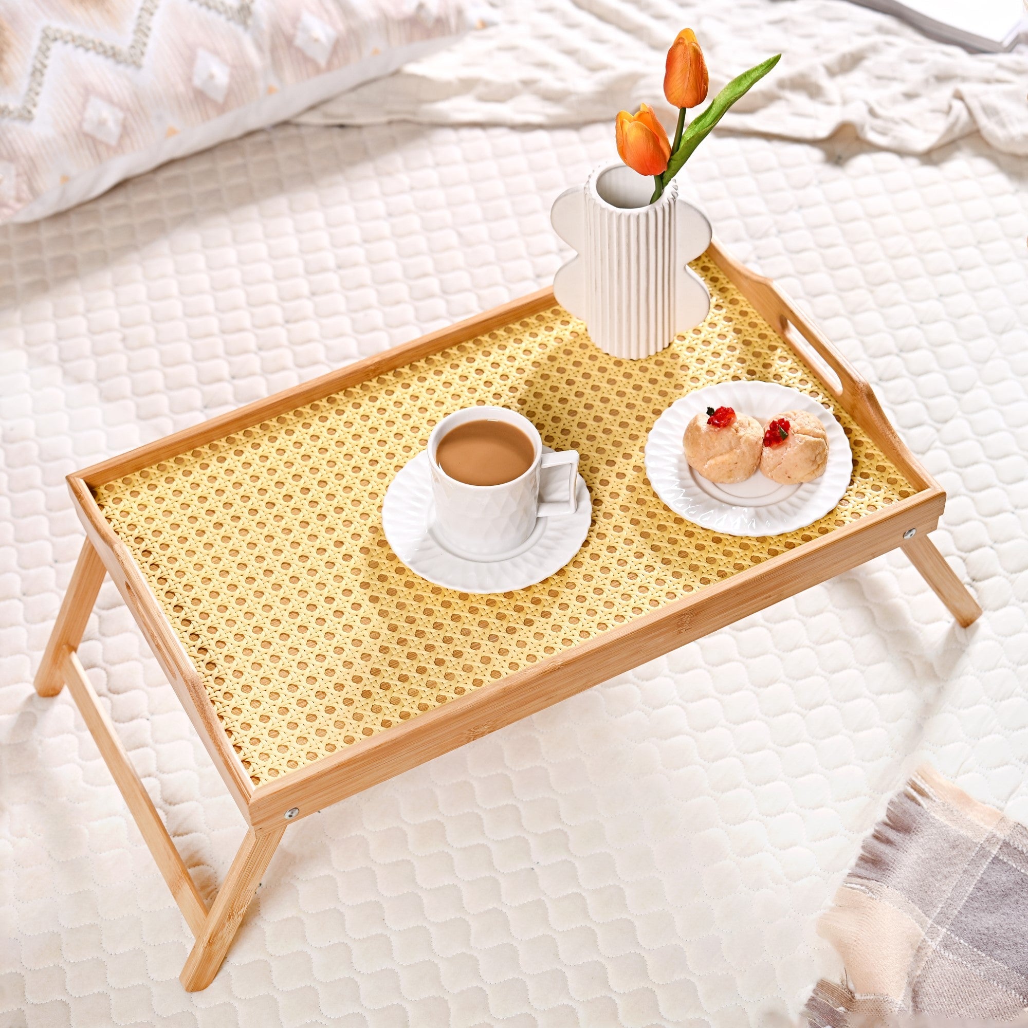 Nestasia Wooden Folding Table With Rattan Weaving