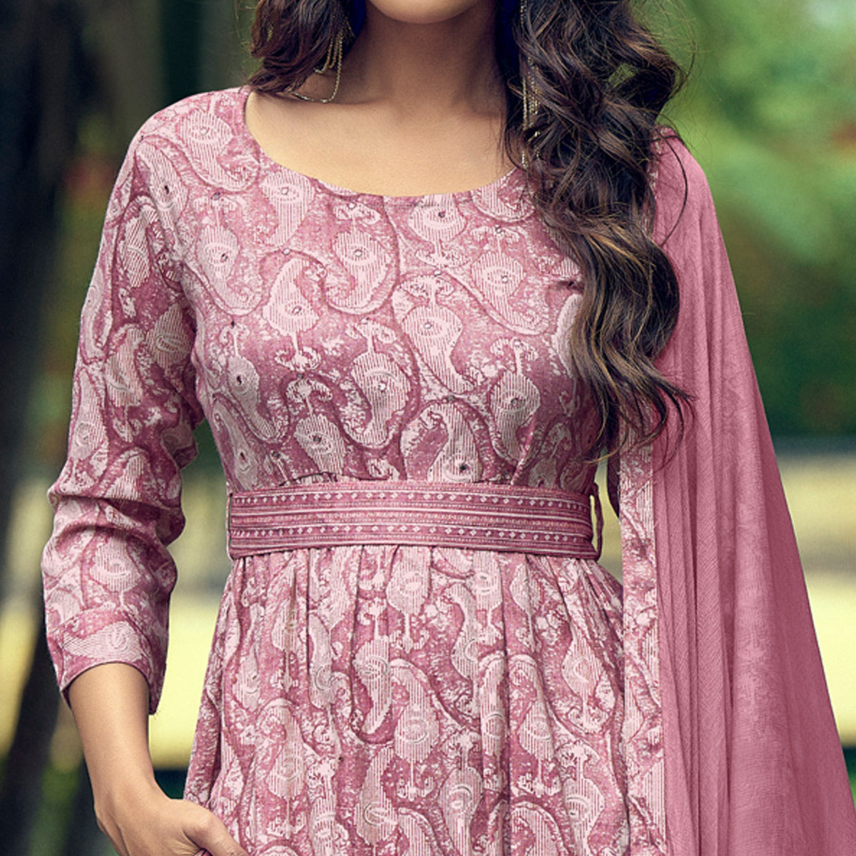 Peachmode Seller Dusty Pink Printed With Mirror Work Rayon Naira Cut Suit - view 2