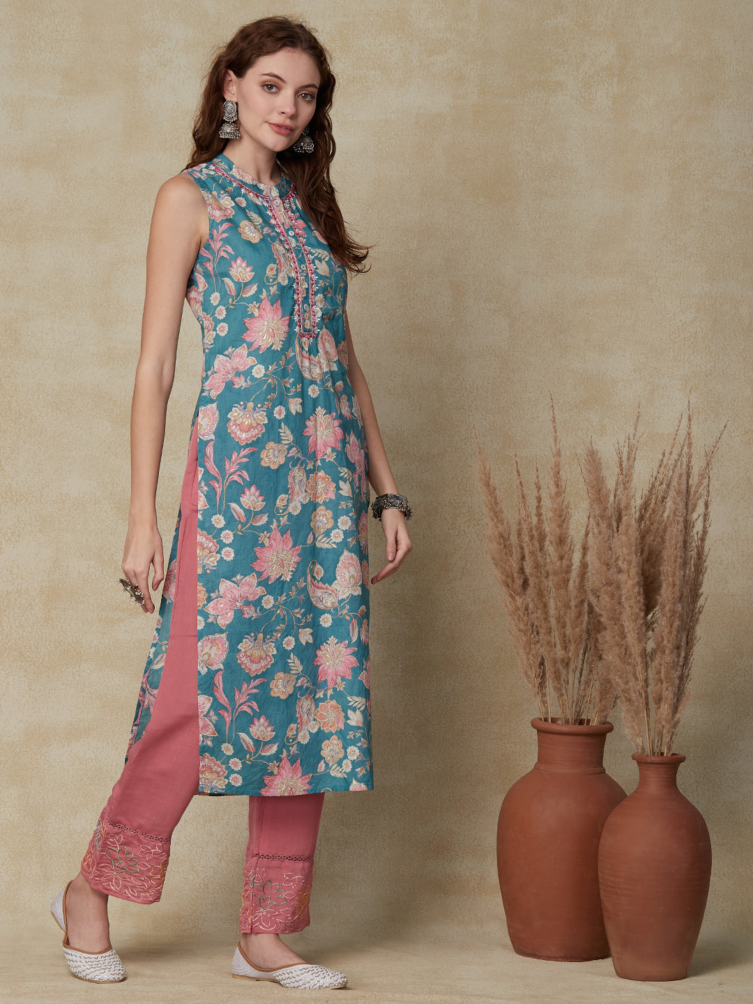 Fashor Ethnic Floral Printed & Embroidered Straight Fit Kurta - Sea Green - view 4