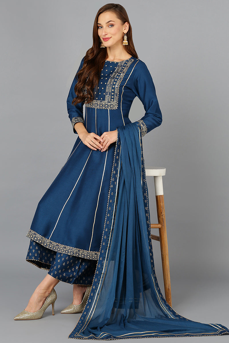 Ahika Teal Blue Silk Blend Ethnic Motifs Anarkali Suit Set PKSKD1930 - view 3