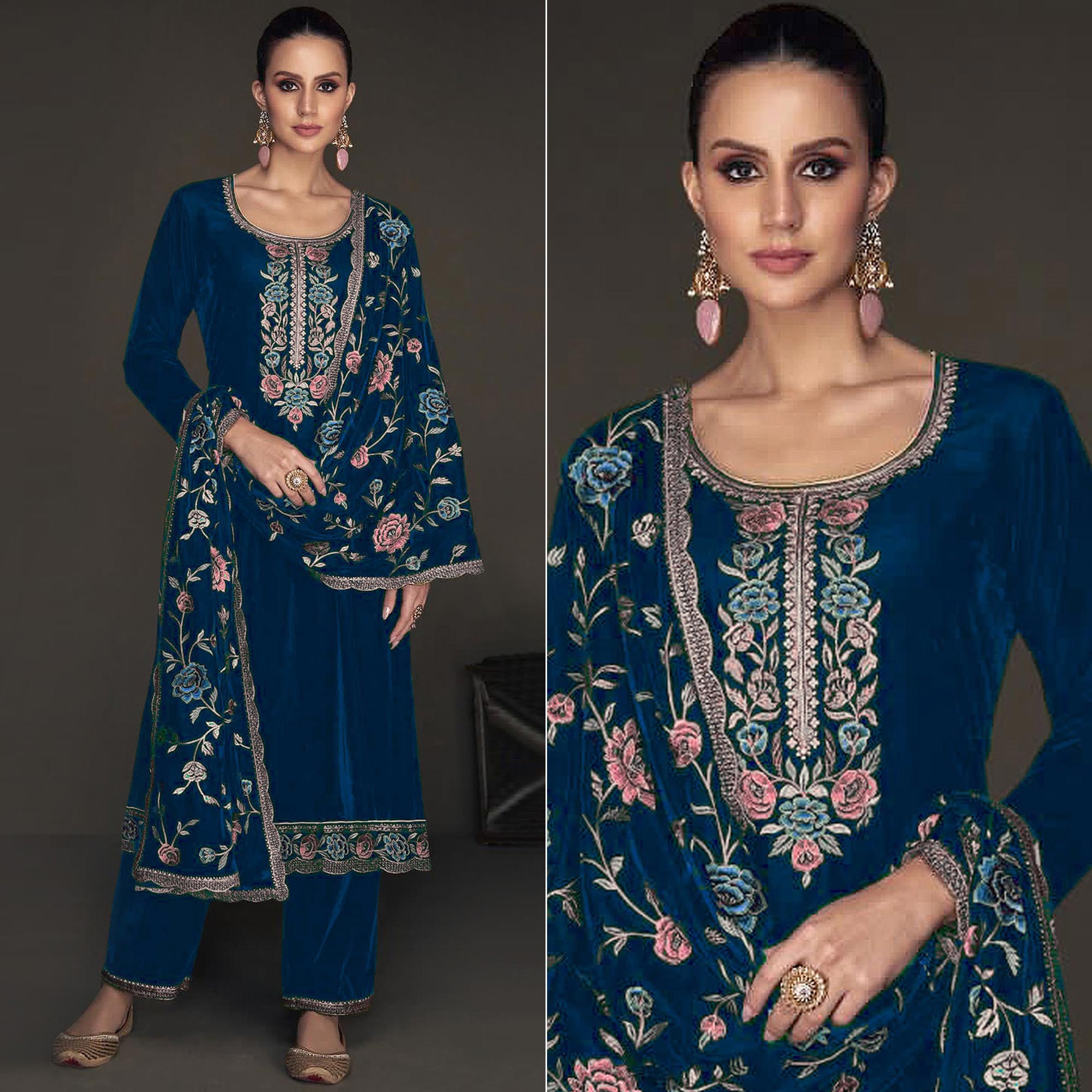 Peachmode Morpich Floral Embroidered Velvet Semi Stitched Suit