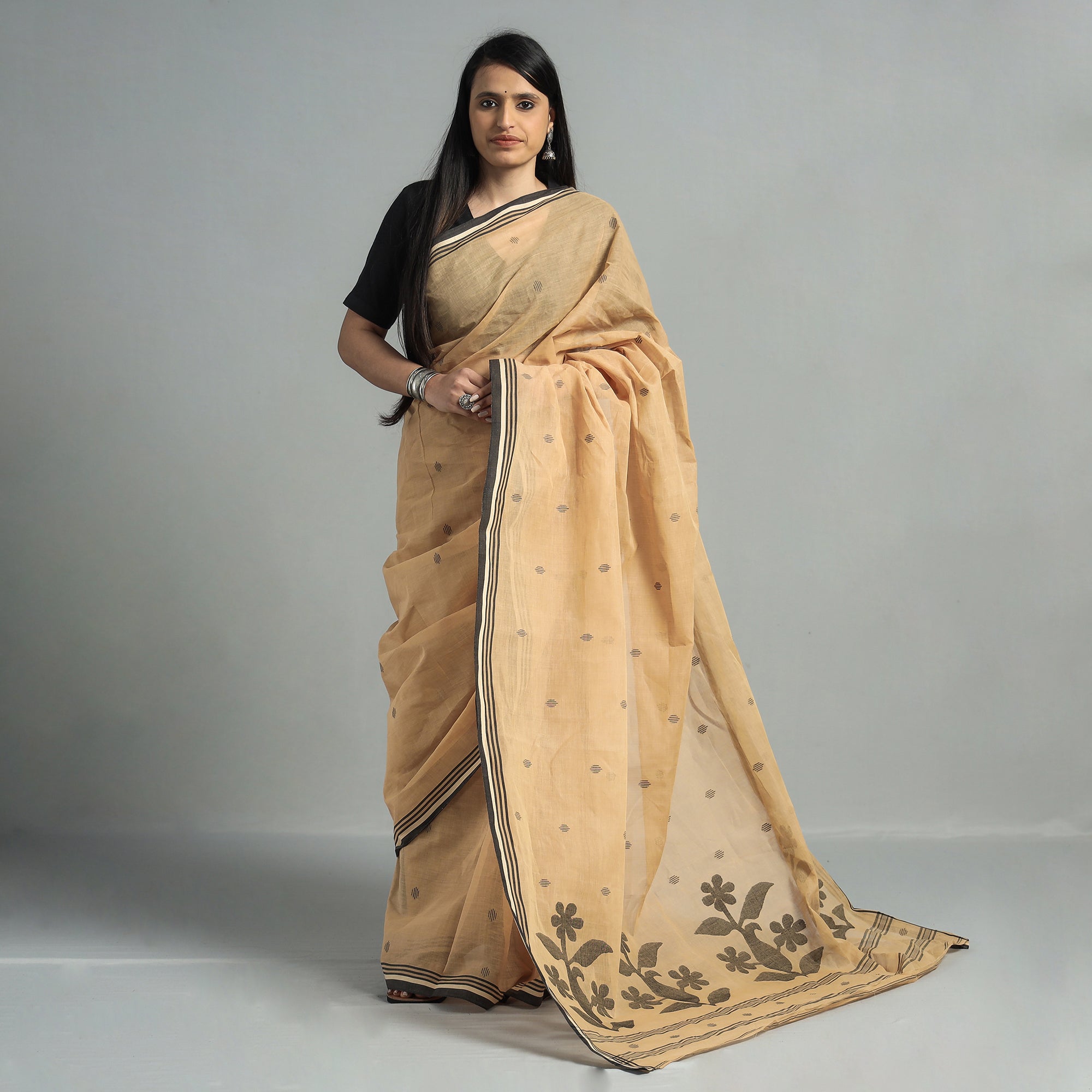 KHUSHBASH - HAPPY LOOM OF EAST Brown - Handloom Cotton Burdwan Jamdani Saree