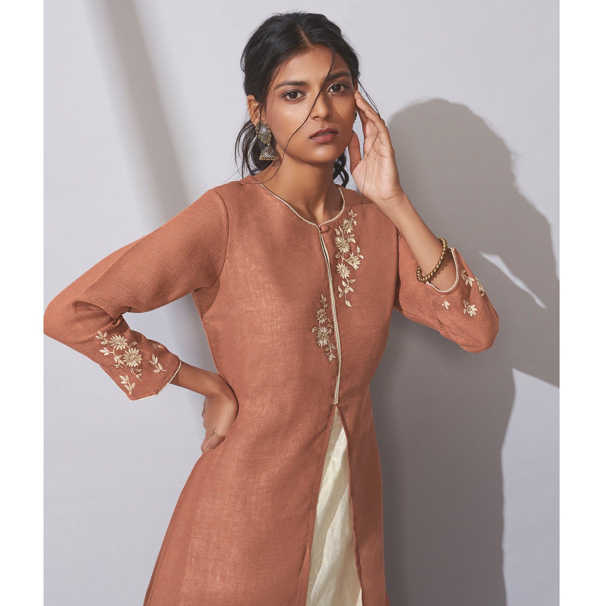 Peachmode Seller Jazzy Brown Colored Party Wear Embroidered Khadi Cotton Kurti-Palazzo Set - view 2