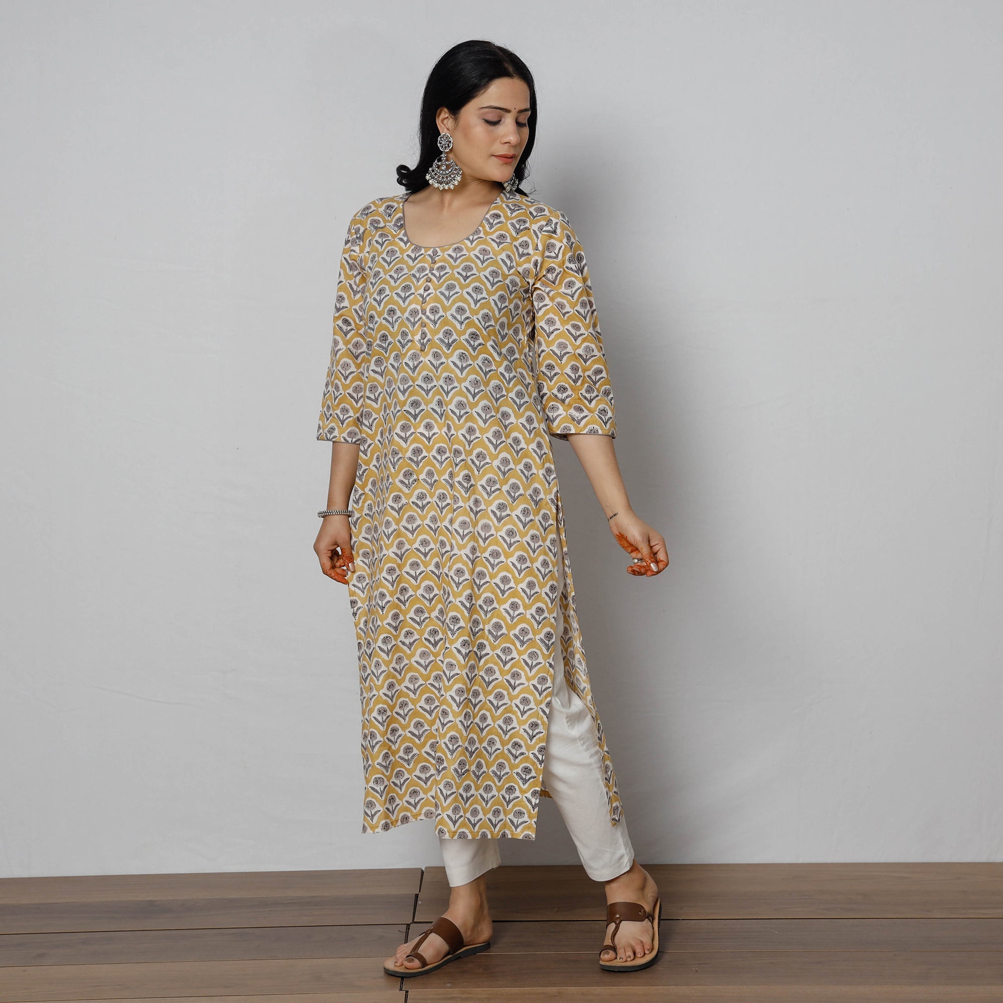 ITOKRI CASUALS Beige - Sanganeri Block Printed Cotton Long Straight Kurta - view 3