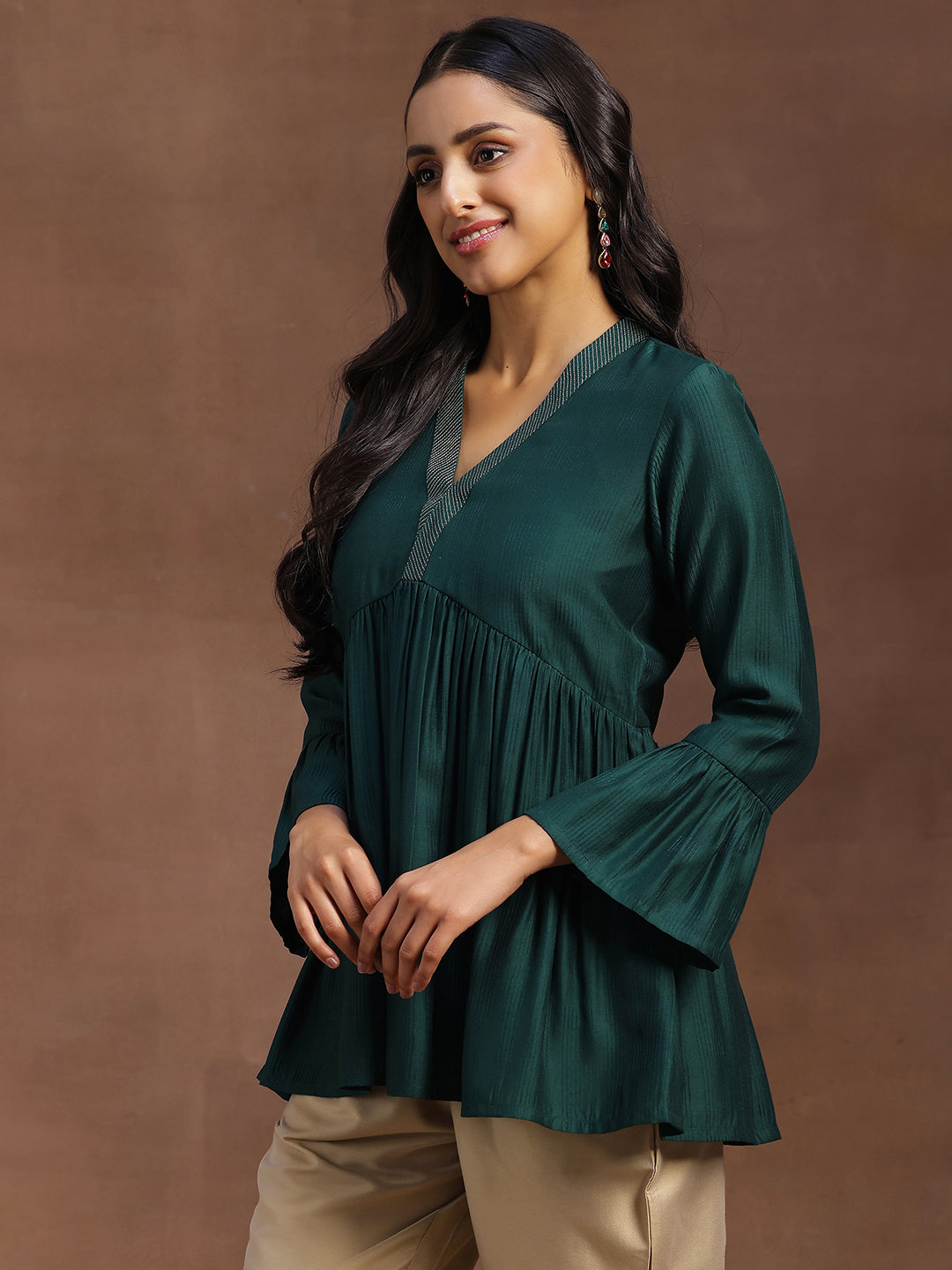 Libas Green Woven Design Silk Blend A-line Kurti - view 2