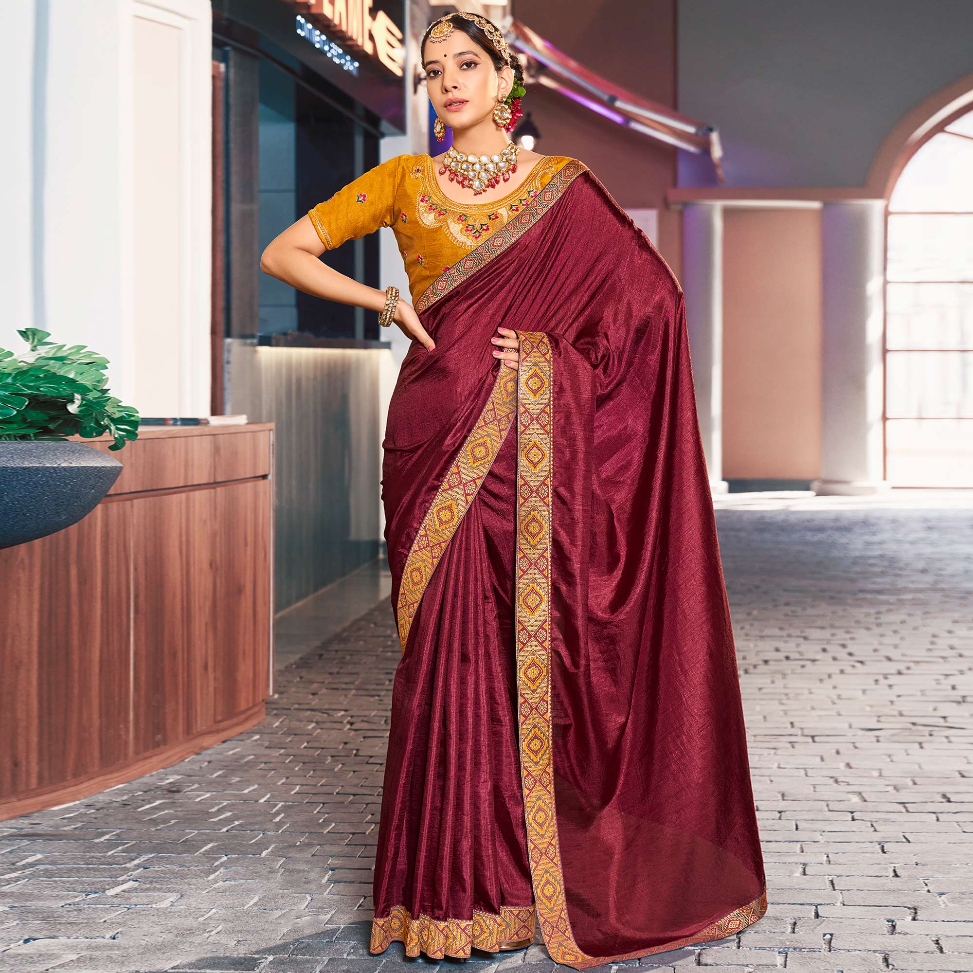 Peachmode Maroon Solid Vichitra Silk With Zari Lace Border