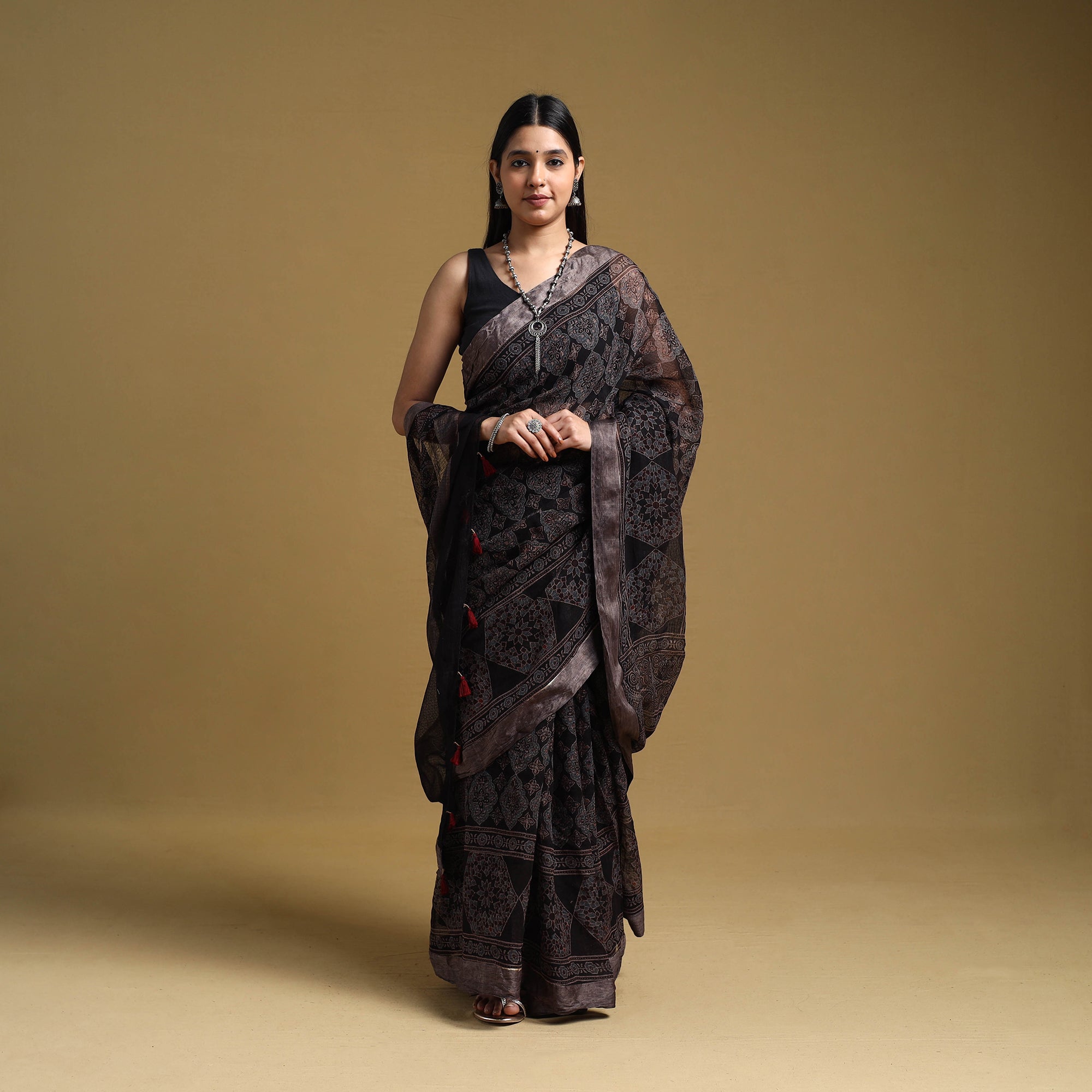 KACHCHH JI CHHAAP Black - Natural Dyed Block Print Kota Doria Cotton Ajrakh Saree 18 - view 2