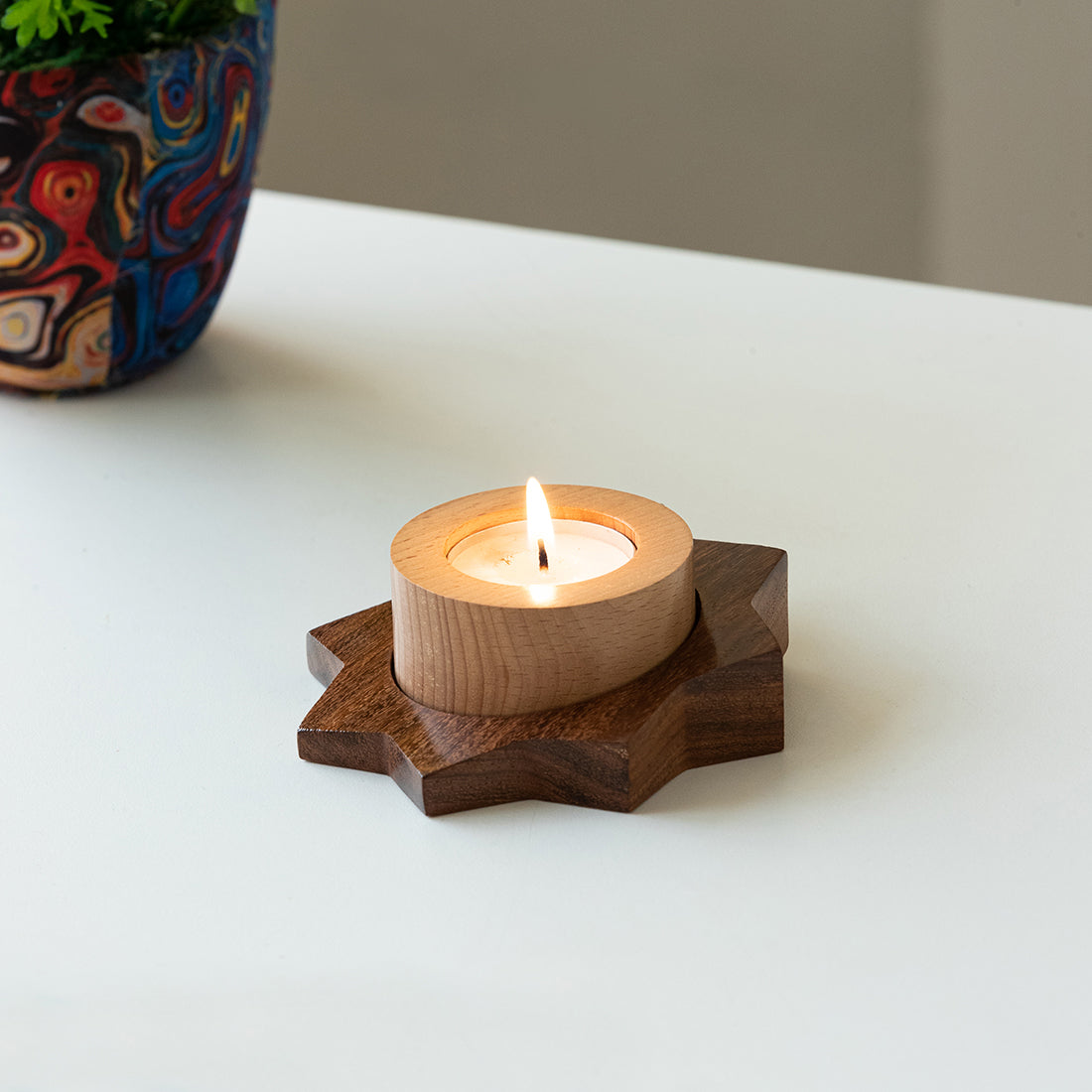 EXCLUSIVELANE 'Jugnu Tara' Wooden Tea Light Holder
