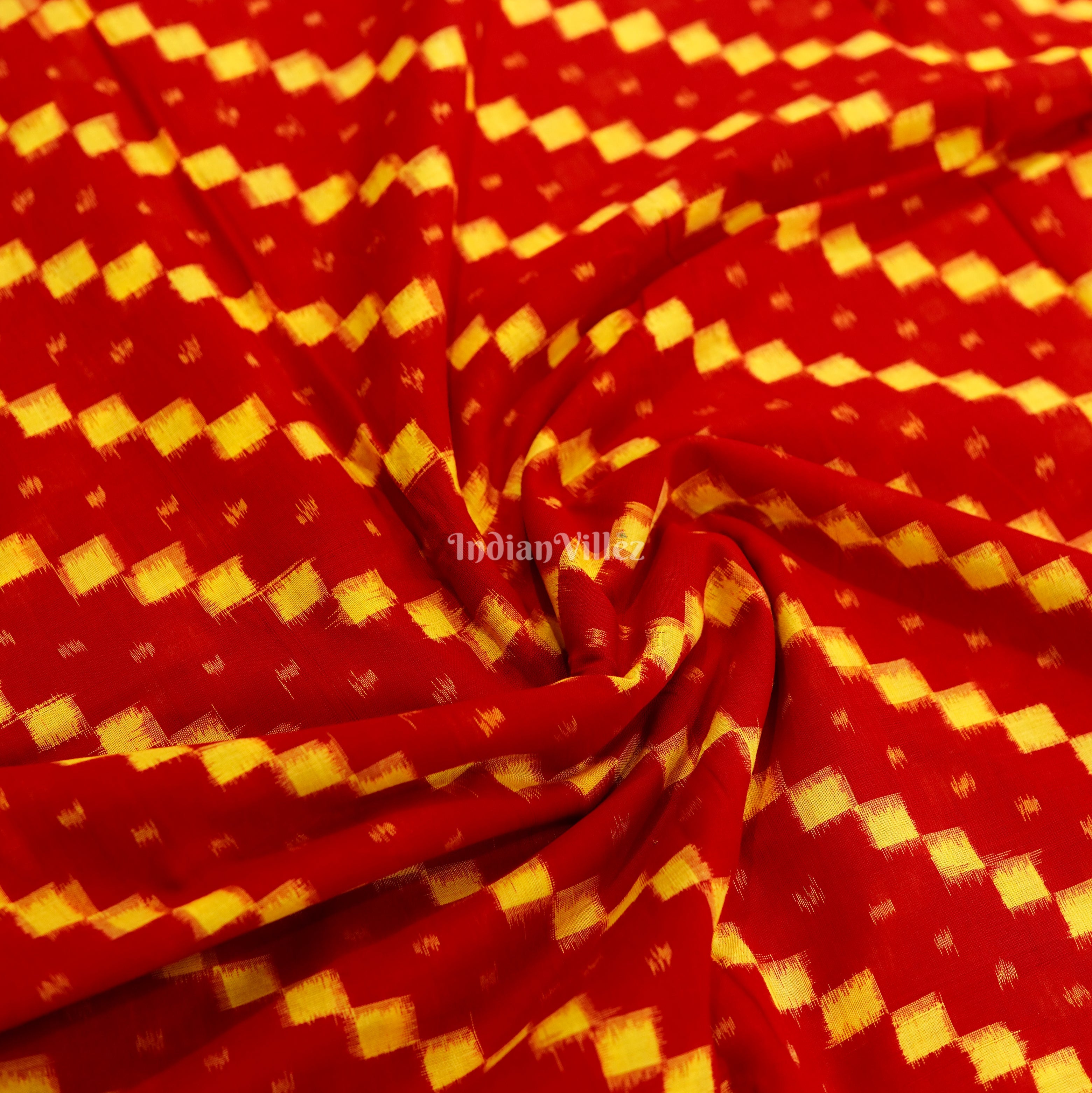 IndianVillèz Red With Yellow Squre Design Sambalpuri Ikat Cotton Fabric