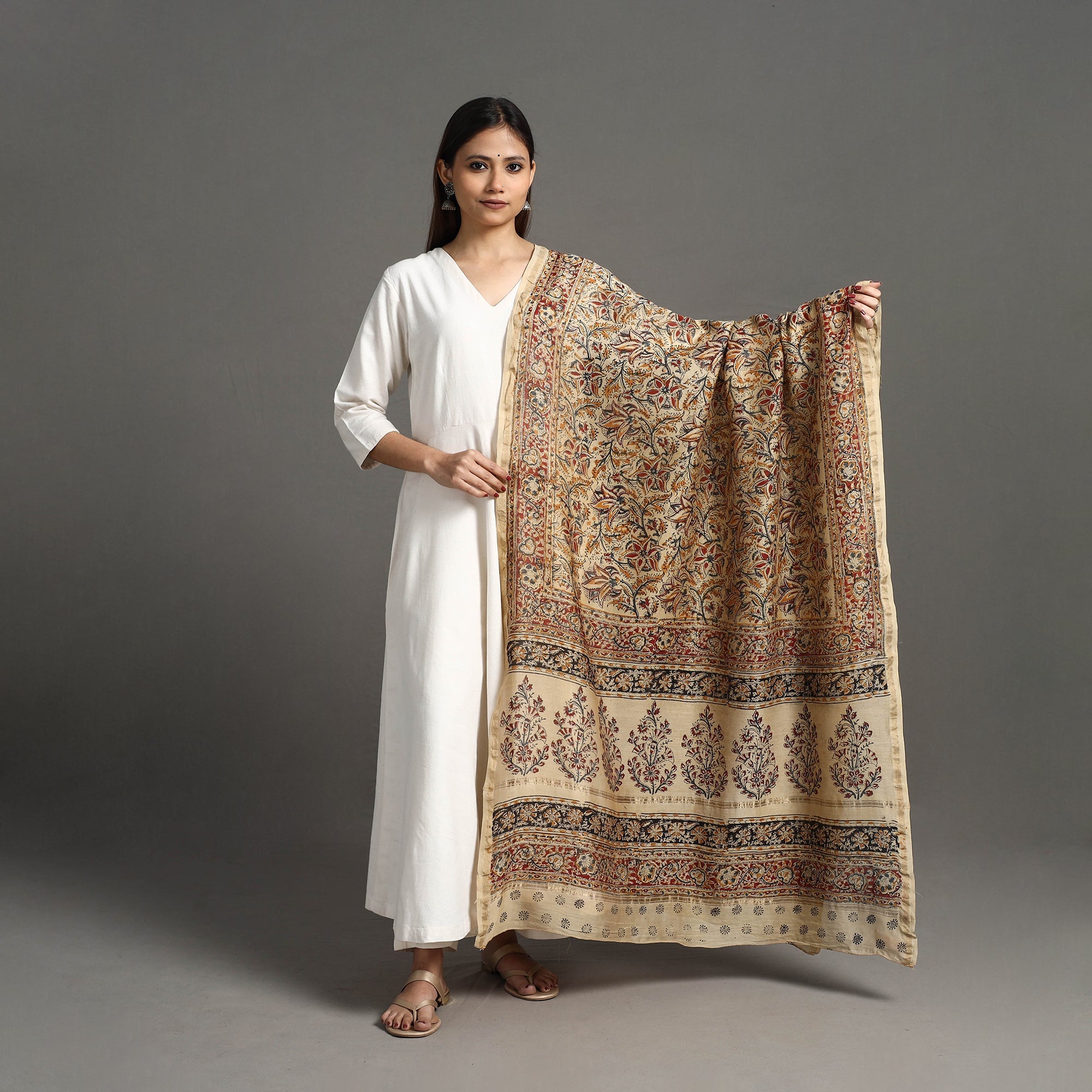 SOUTH KARGHA Beige - Pedana Block Print Chanderi Silk Kalamkari Dupatta 05 - view 2