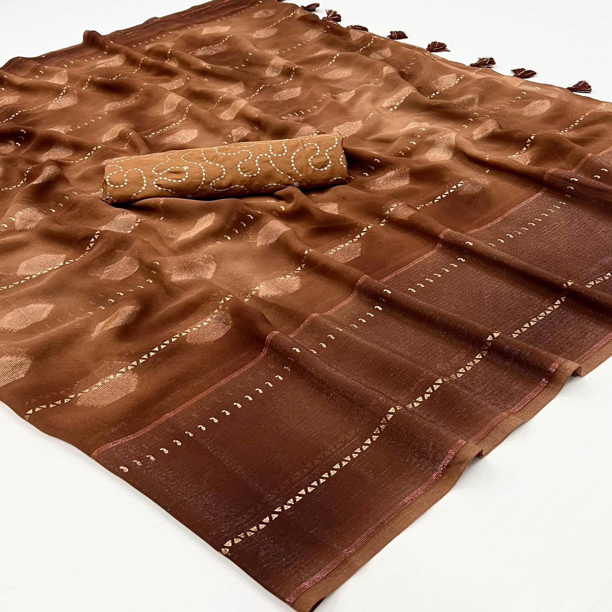 Peachmode Brown Woven Georgette Saree – Women's