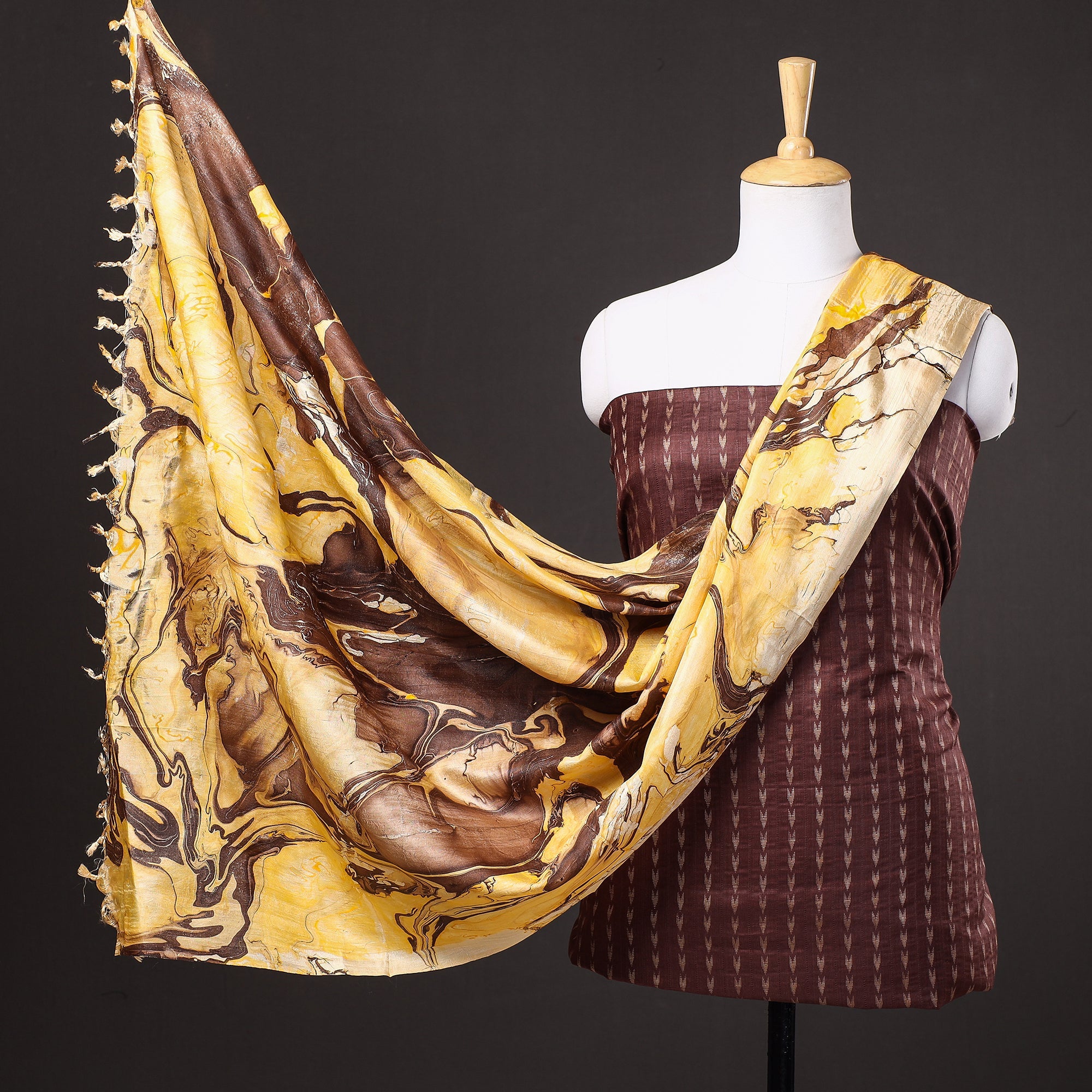 RUISA Brown - 3pc Handloom Mulberry Suit Material Set with Banana Silk Marble Printed Dupatta