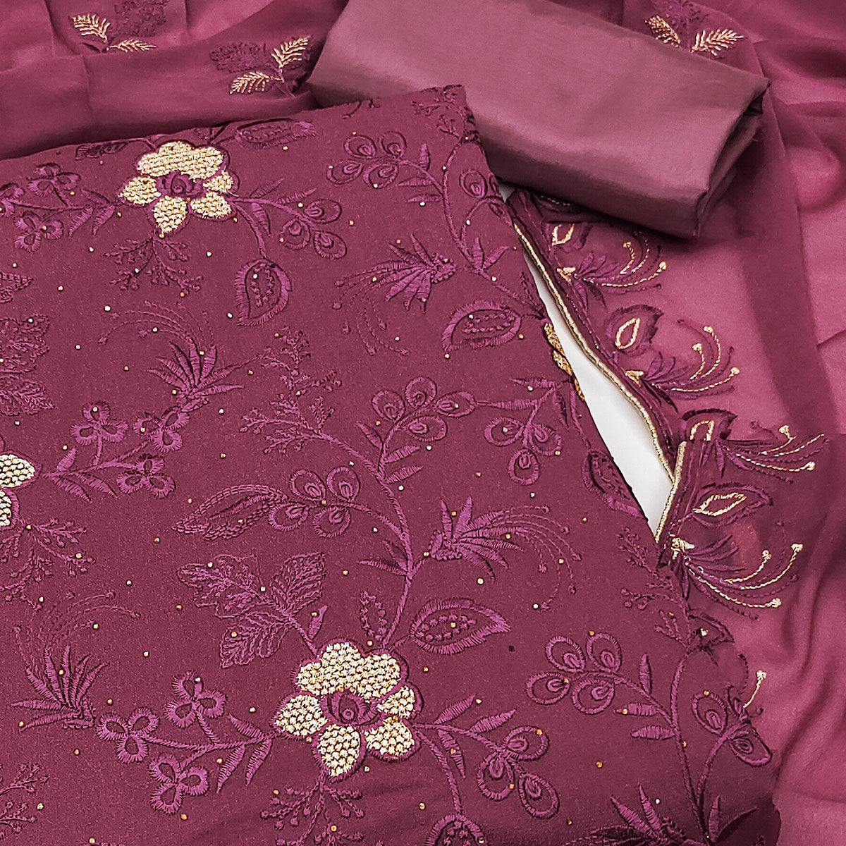 Peachmode Dark Mauve Floral Embroidered With Stonework Georgette Dress Material - view 2