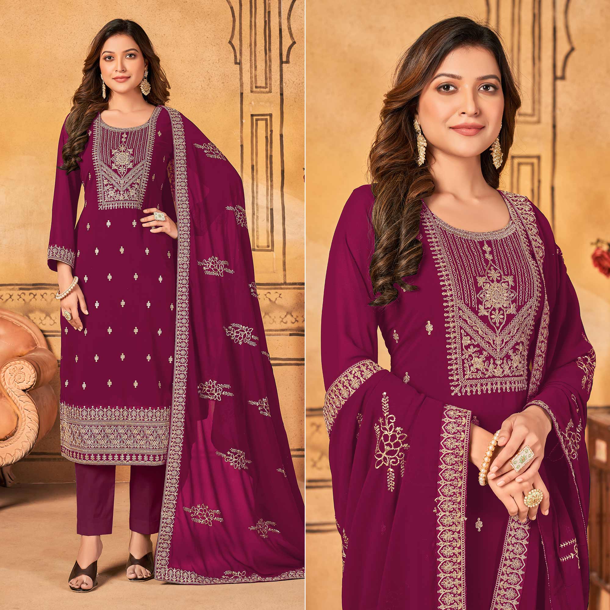 Peachmode Magenta Pink Floral Embroidered Georgette Salwar Suit