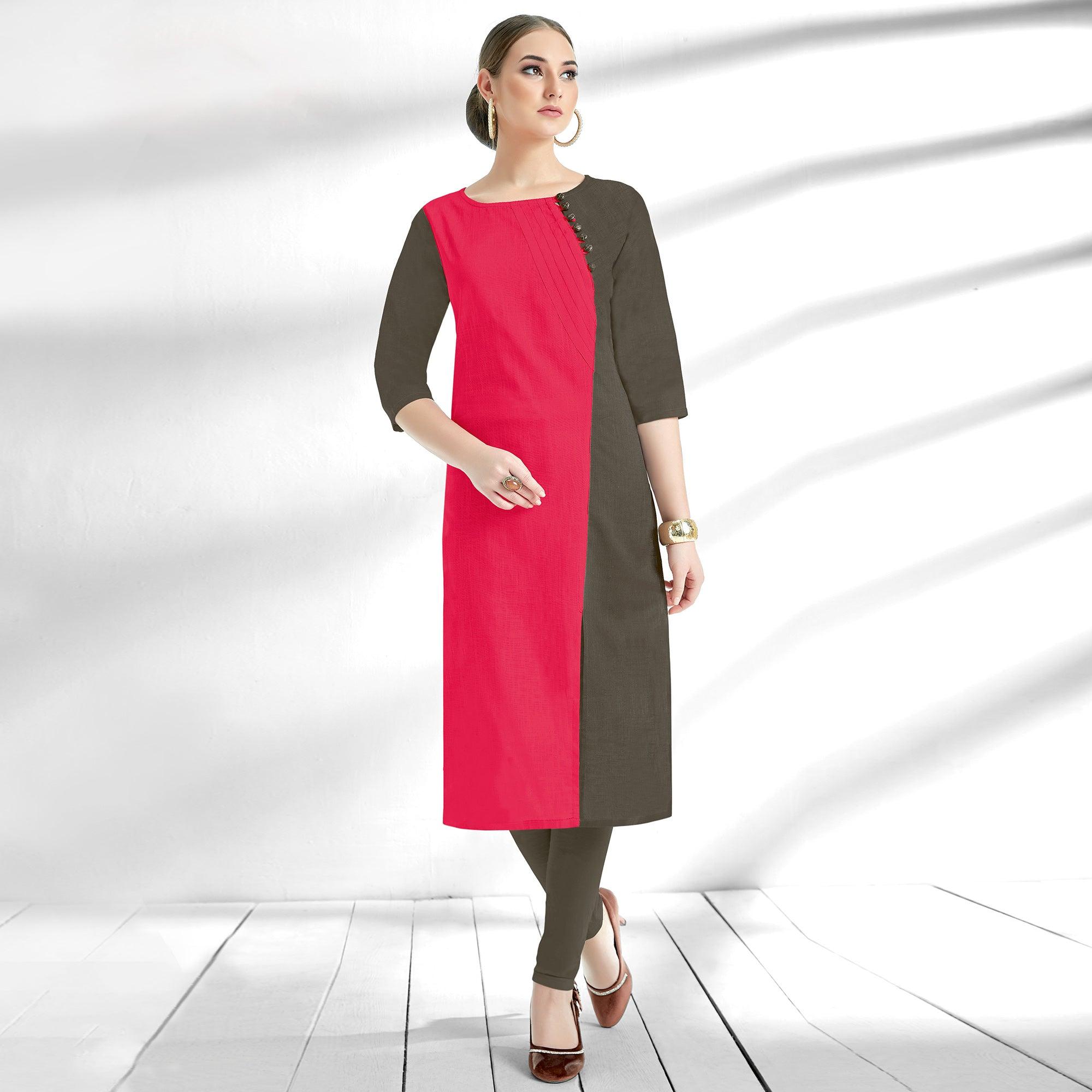 Peachmode Dark Pink-Gray Solid Pure Cotton Kurti